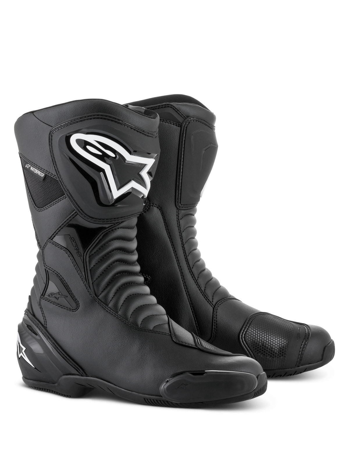 Alpinestars SMX S Waterproof Boots in Black Black, tall motorcycle boots featuring accordion flex zones, a prominent white Alpinestars logo on the TPU shin protector, reinforced shift pads, and replaceable toe sliders, designed for sport-touring and all-weather road riding.