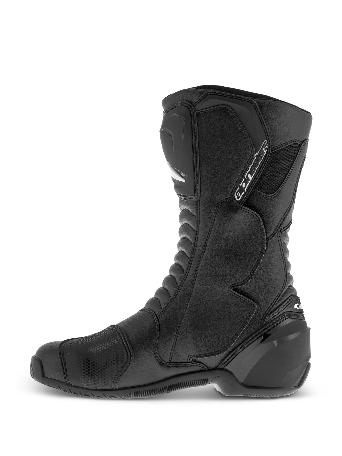 Alpinestars SMX S Waterproof Boots, Black, high-cut motorcycle boots featuring a durable microfiber upper, TPU shin and ankle protection, and textured shift pad, side profile view.