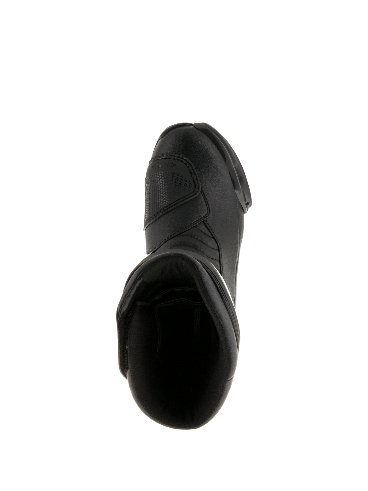 Alpinestars SMX S Waterproof Boots, Black, top-down view showing the interior opening and durable microfiber upper, sport-touring motorcycle footwear
