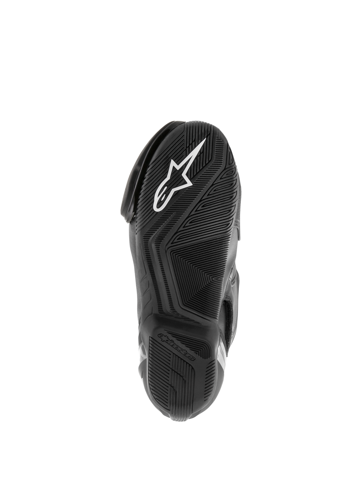 Alpinestars SMX S Waterproof Boots, Motorcycle Boots, Black, view of the textured rubber sole with white Astar logo and water-dispersing tread pattern