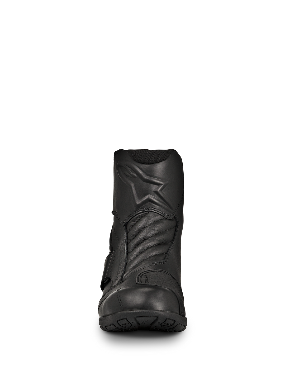 Botas Alpinestars New Land GORE-TEX, botas de motociclismo de estrada e turismo pretas, vista frontal, construção em couro de grão integral com logótipo de estrela em relevo, zonas de flexão em sanfona na parte frontal, design impermeável de altura média para viagens de longa distância