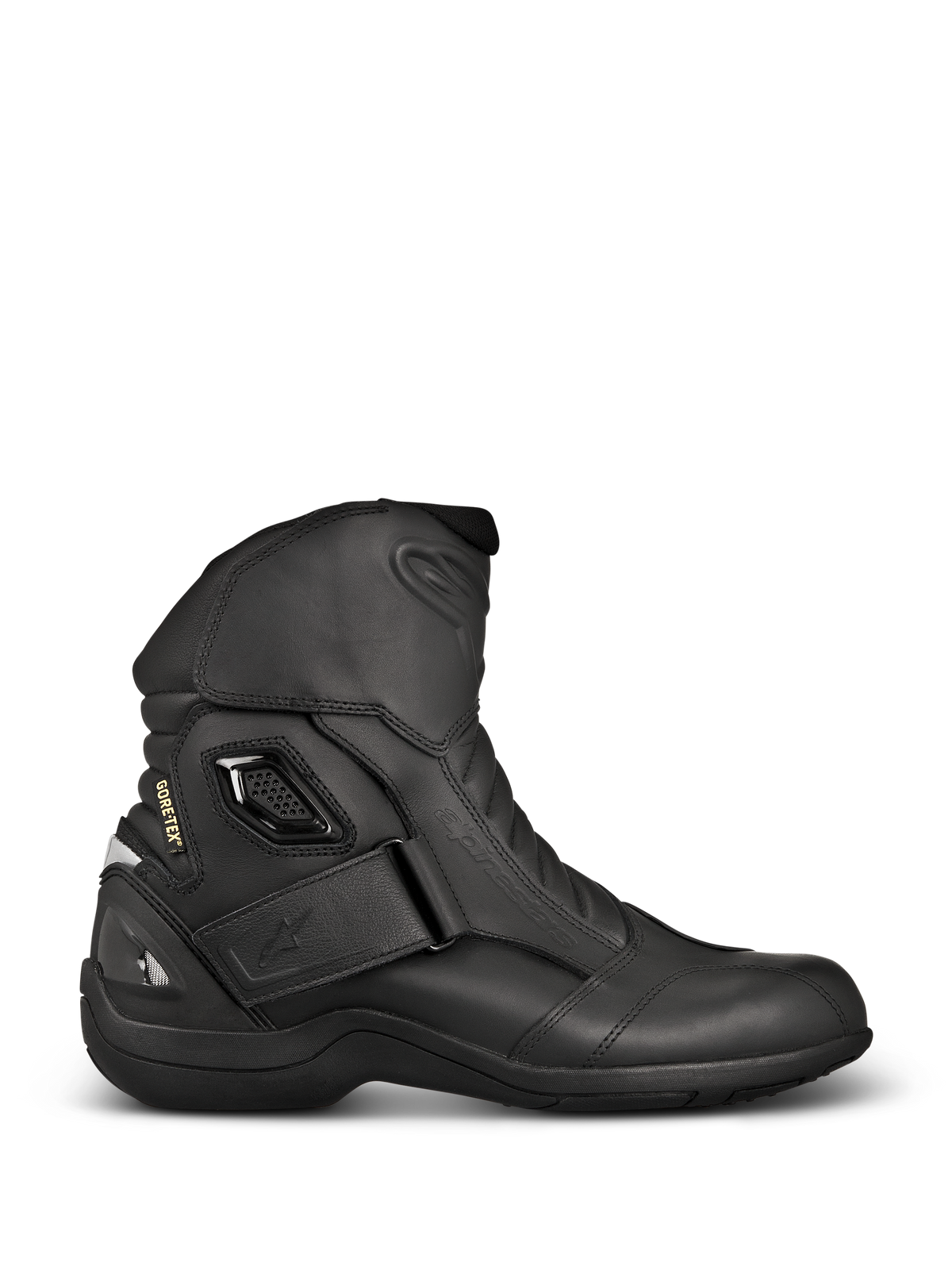 Alpinestars New Land GORE-TEX Boots, botas de motociclismo touring pretas, perfil lateral em couro de grão integral, correia de velcro no tornozelo, marca GORE-TEX e calcanhar reforçado para proteção impermeável