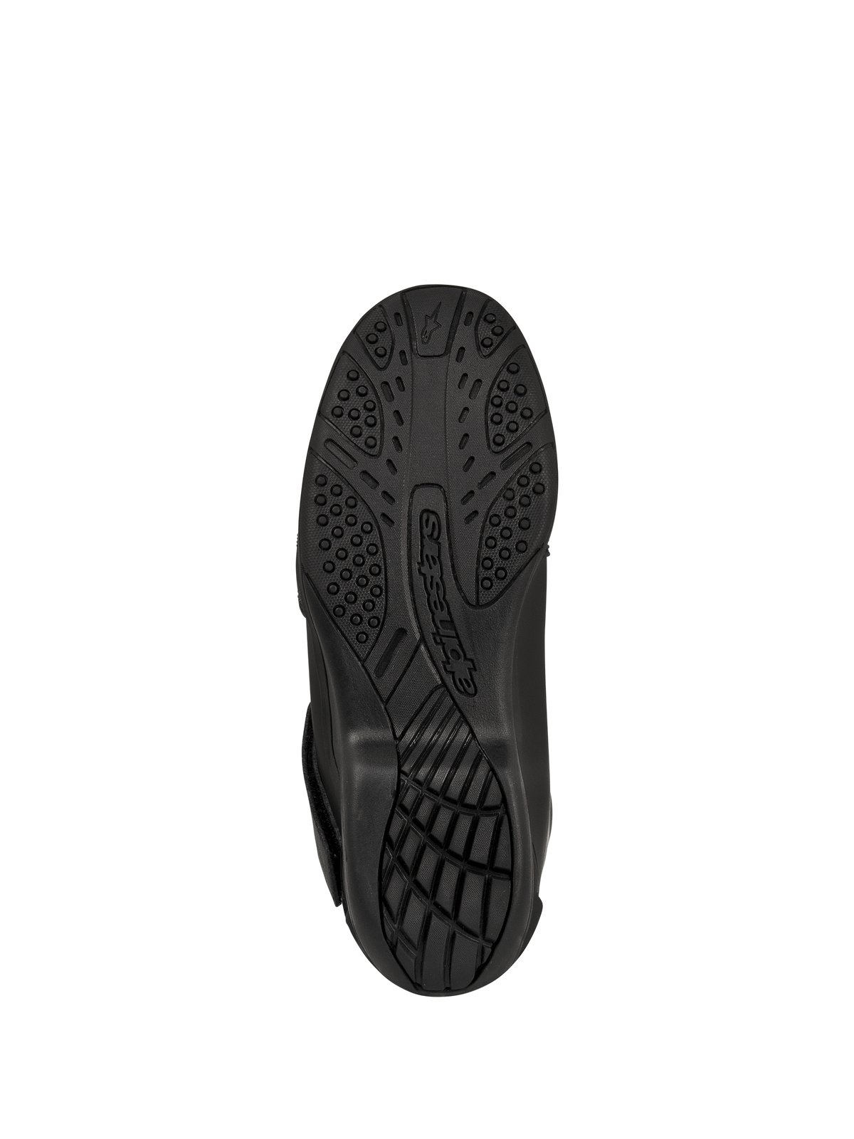 Botas Alpinestars New Land GORE-TEX, pretas, vista inferior da sola em composto de borracha vulcanizada, padrão de rasto texturado para aderência e tração, com logótipo Alpinestars em relevo, calçado de motociclismo para estrada e turismo