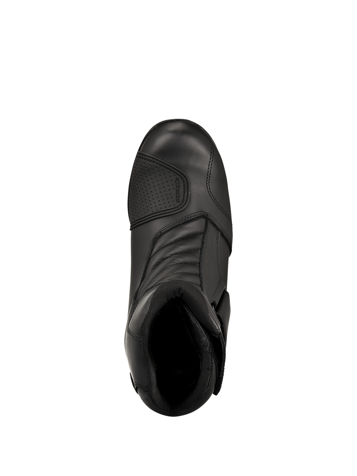 Botas Alpinestars New Land GORE-TEX, pretas, vista superior, com construção em couro de grão integral, zonas de flexão em sanfona frontal e proteção de mudanças reforçada, botas de motociclismo de estrada e turismo impermeáveis de altura média
