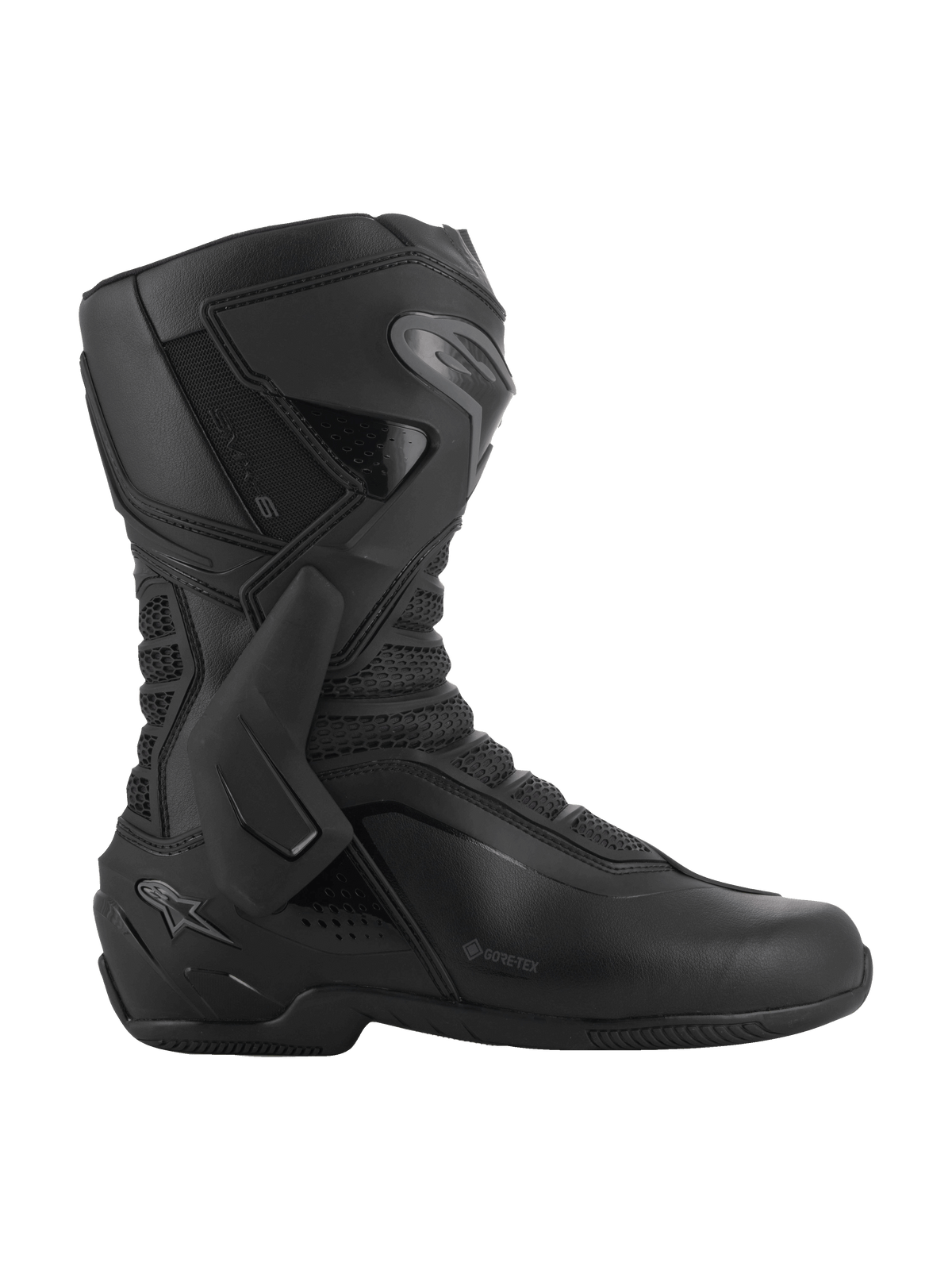 Alpinestars SMX-6 V3 GORE-TEX Boots, Black and Dark Gray, waterproof performance riding boots, featuring lateral TPU ankle brace and shin plate, ergonomic microfiber construction with 3D mesh panels, GORE-TEX logo on the side, specialized footwear for track and street performance