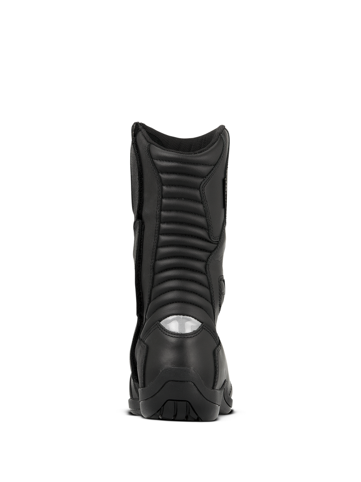 Alpinestars Web GORE-TEX Boots, waterproof motorcycle touring boots, Black, rear view featuring ribbed accordion flex zones and a reflective heel insert for night visibility, durable leather construction with a rugged sole