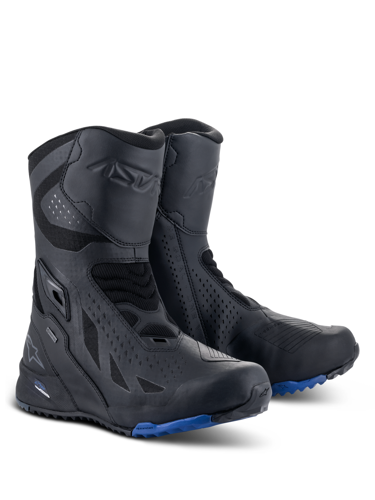 Botas Alpinestars RT-8 GORE-TEX, botas de motociclismo para turismo, pretas e azuis, com parte superior em microfibra técnica e têxtil sintético, sola azul com ranhuras para tração, construção impermeável GORE-TEX e áreas de proteção na canela e calcanhar.