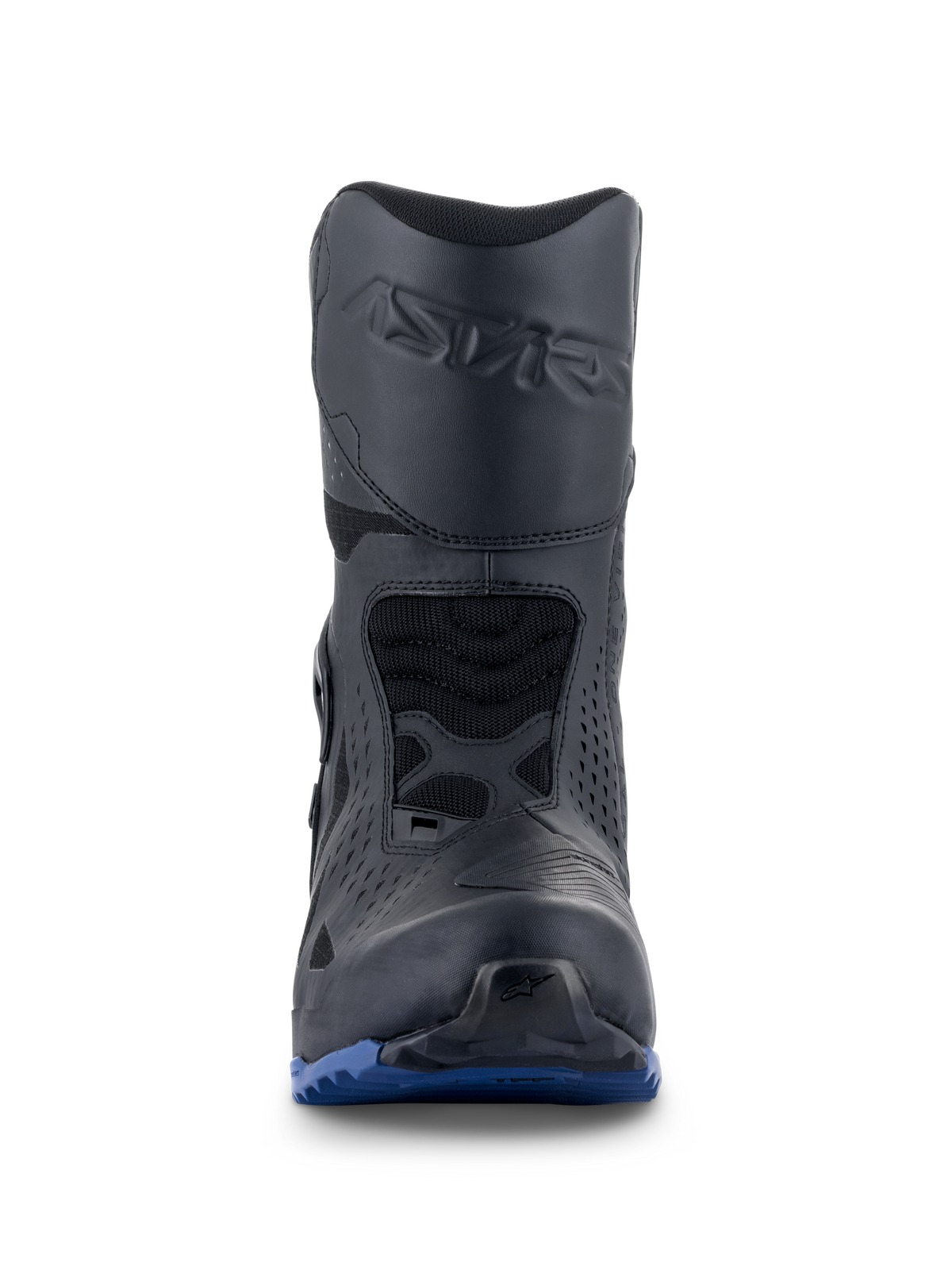 Botas Alpinestars RT-8 GORE-TEX, botas de motociclismo para touring, pretas e azuis, vista frontal com a marca Astars em relevo na canela, proteção para o pedal de mudanças e sola exterior azul robusta para tração em todo-o-terreno
