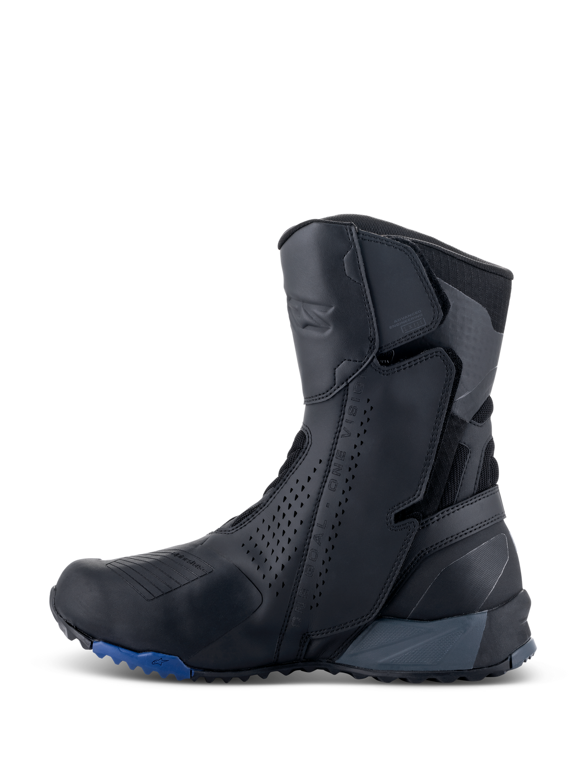 Botas Alpinestars RT-8 GORE-TEX, botas de turismo para motociclismo, pretas e azuis, vista de perfil lateral exibindo uma parte superior elegante em microfibra com painéis perfurados, zonas de proteção integradas e uma sola robusta com detalhes em azul.