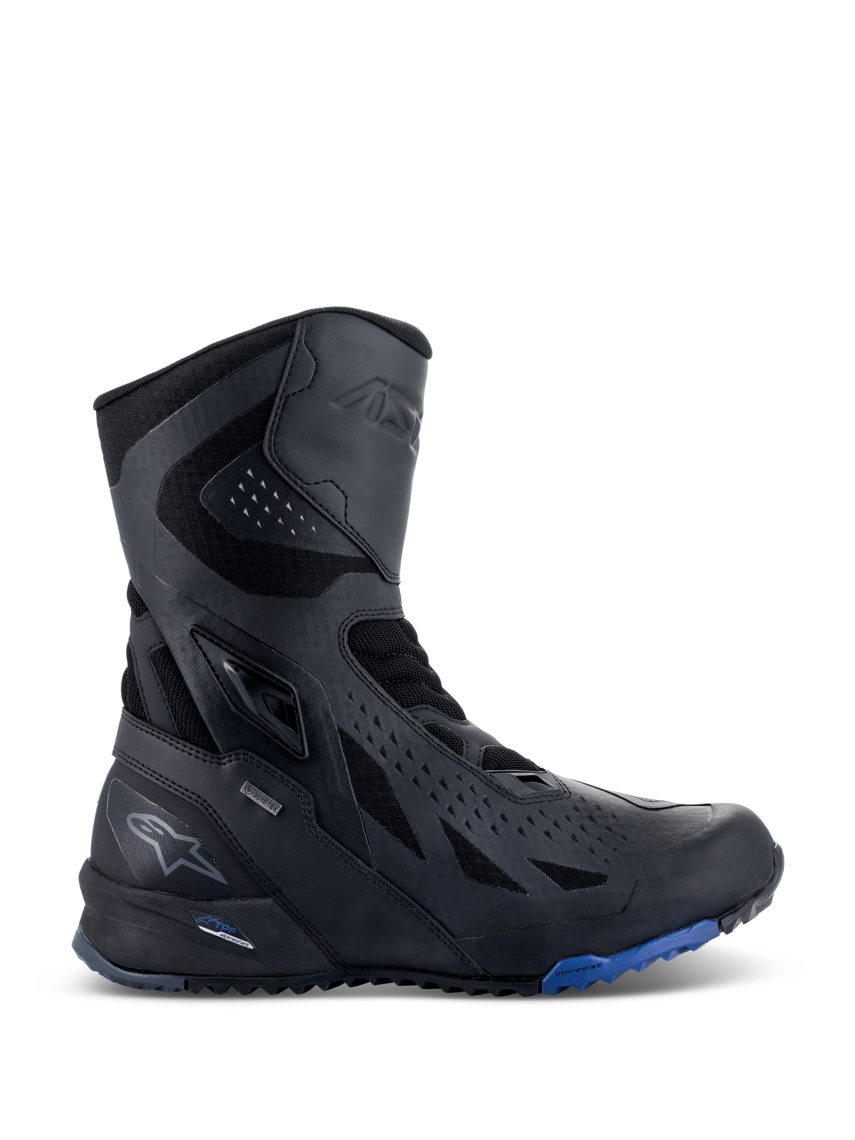 Botas Alpinestars RT-8 GORE-TEX, botas de motociclismo para turismo, pretas com detalhes azuis na sola, design técnico de cano alto, parte superior em microfibra e têxtil, perfurações triangulares, marca GORE-TEX e sola robusta