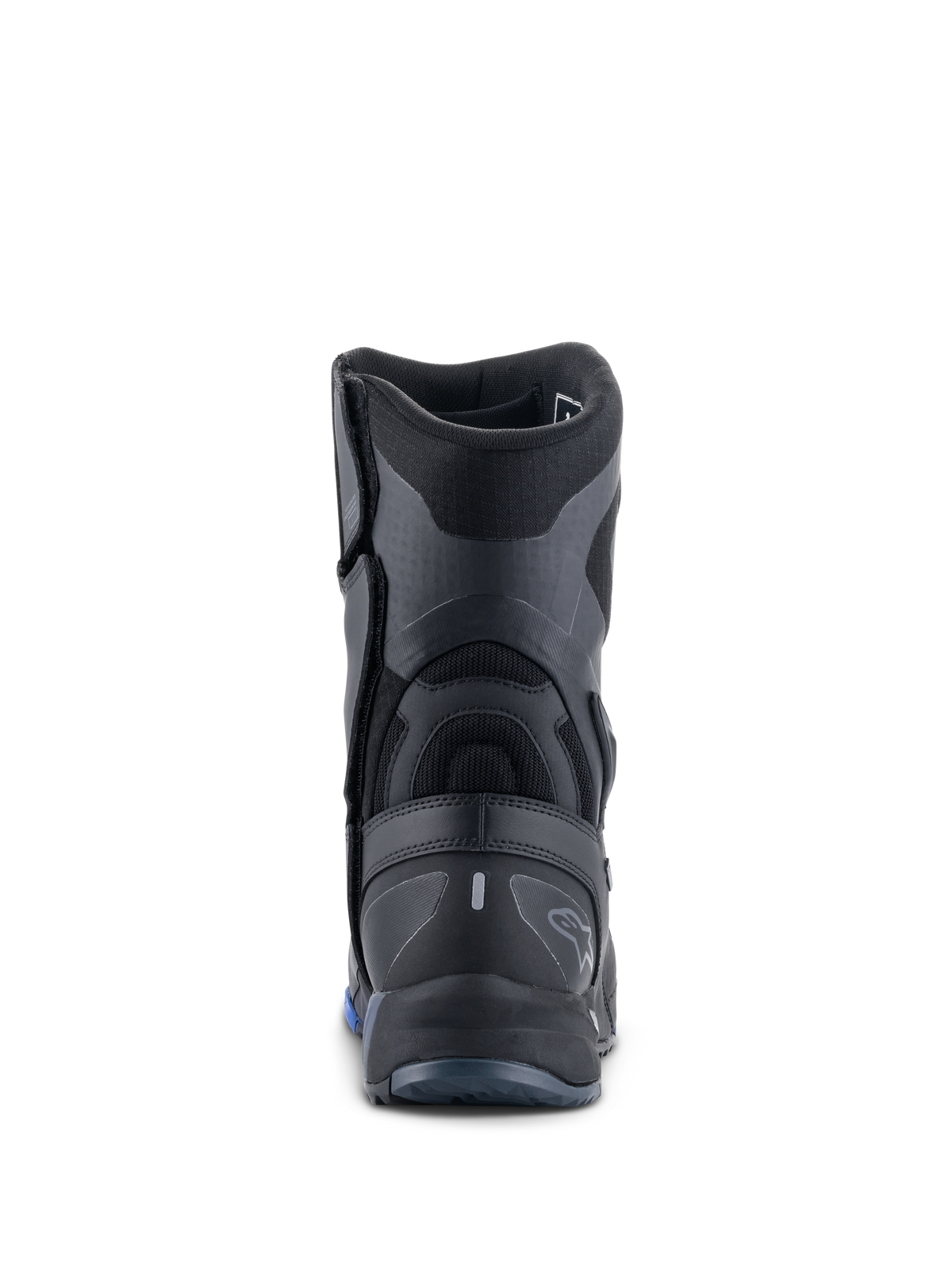 Botas Alpinestars RT-8 GORE-TEX, botas de motociclismo para touring, pretas e azuis, vista traseira destacando o contraforte do calcanhar reforçado, painéis sintéticos texturizados e logótipo subtil da Alpinestars.
