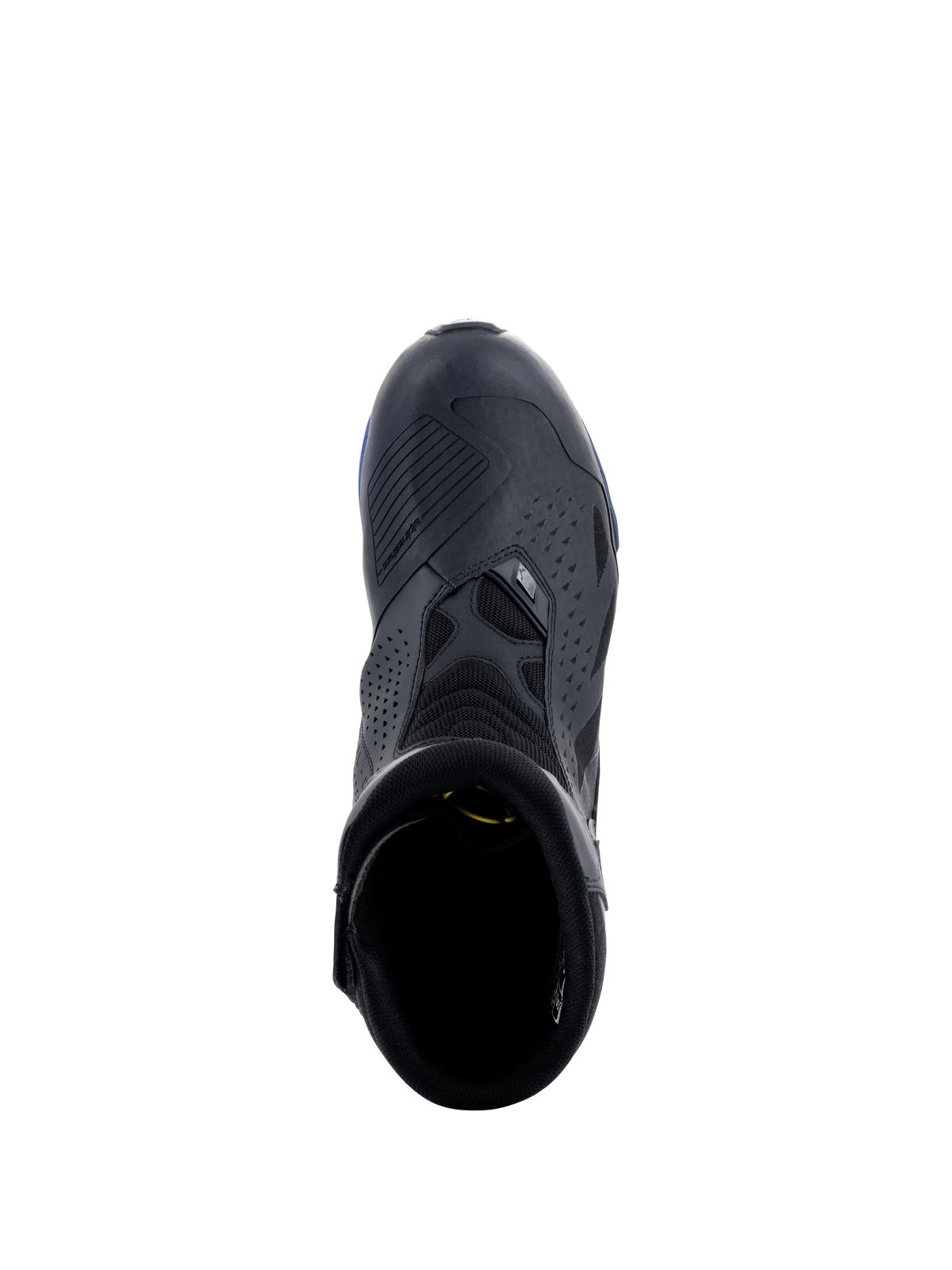 Botas Alpinestars RT-8 GORE-TEX, pretas e azuis, vista superior mostrando a proteção de mudanças, painéis de microfibra perfurada e detalhes azuis na sola, calçado técnico de motociclismo impermeável para touring