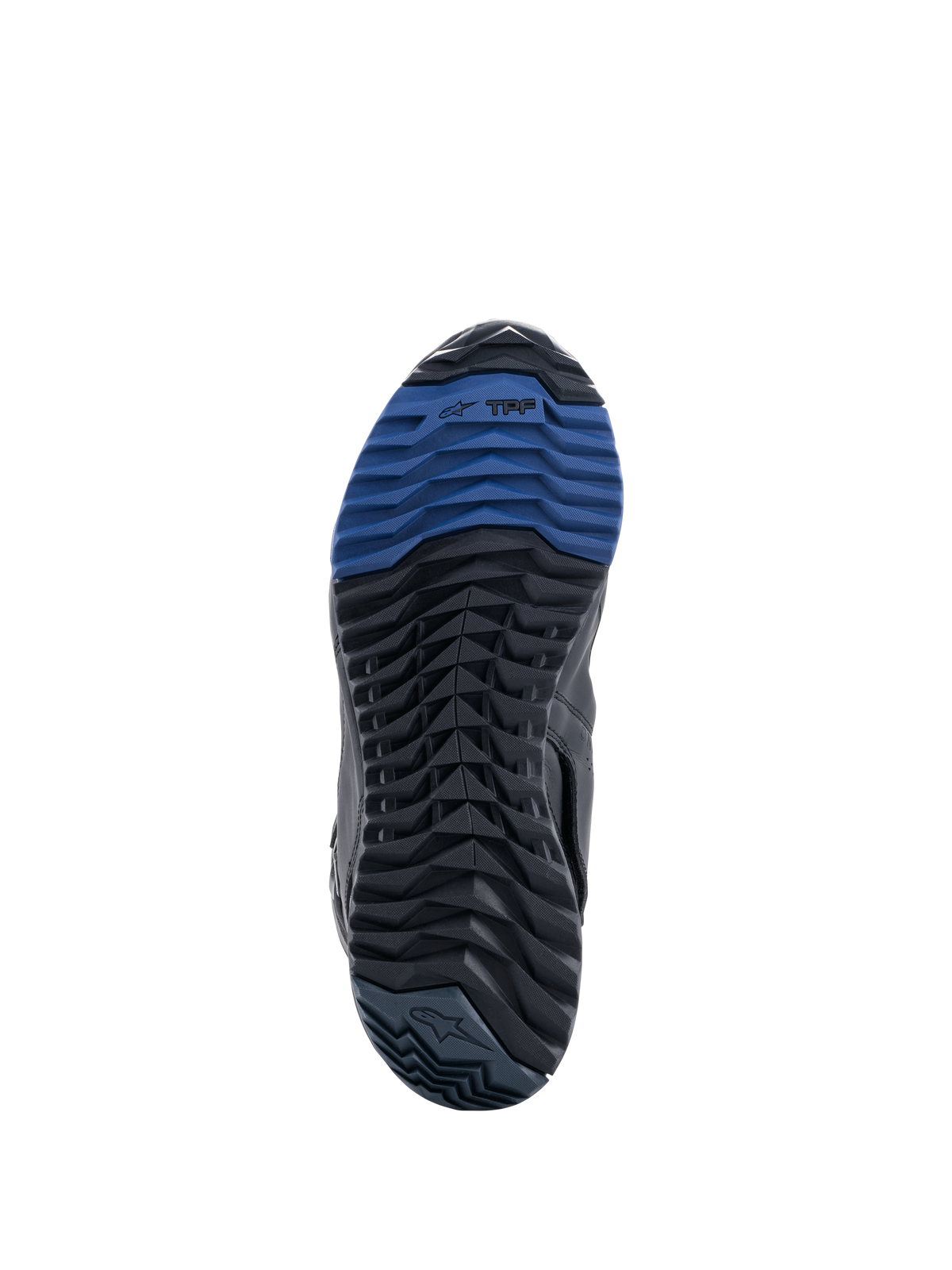 Botas Alpinestars RT-8 GORE-TEX, vista da sola em borracha preta e azul, com um padrão de ranhuras robusto e marca TPF, concebida para tração e conforto ao caminhar em terrenos de touring e aventura.