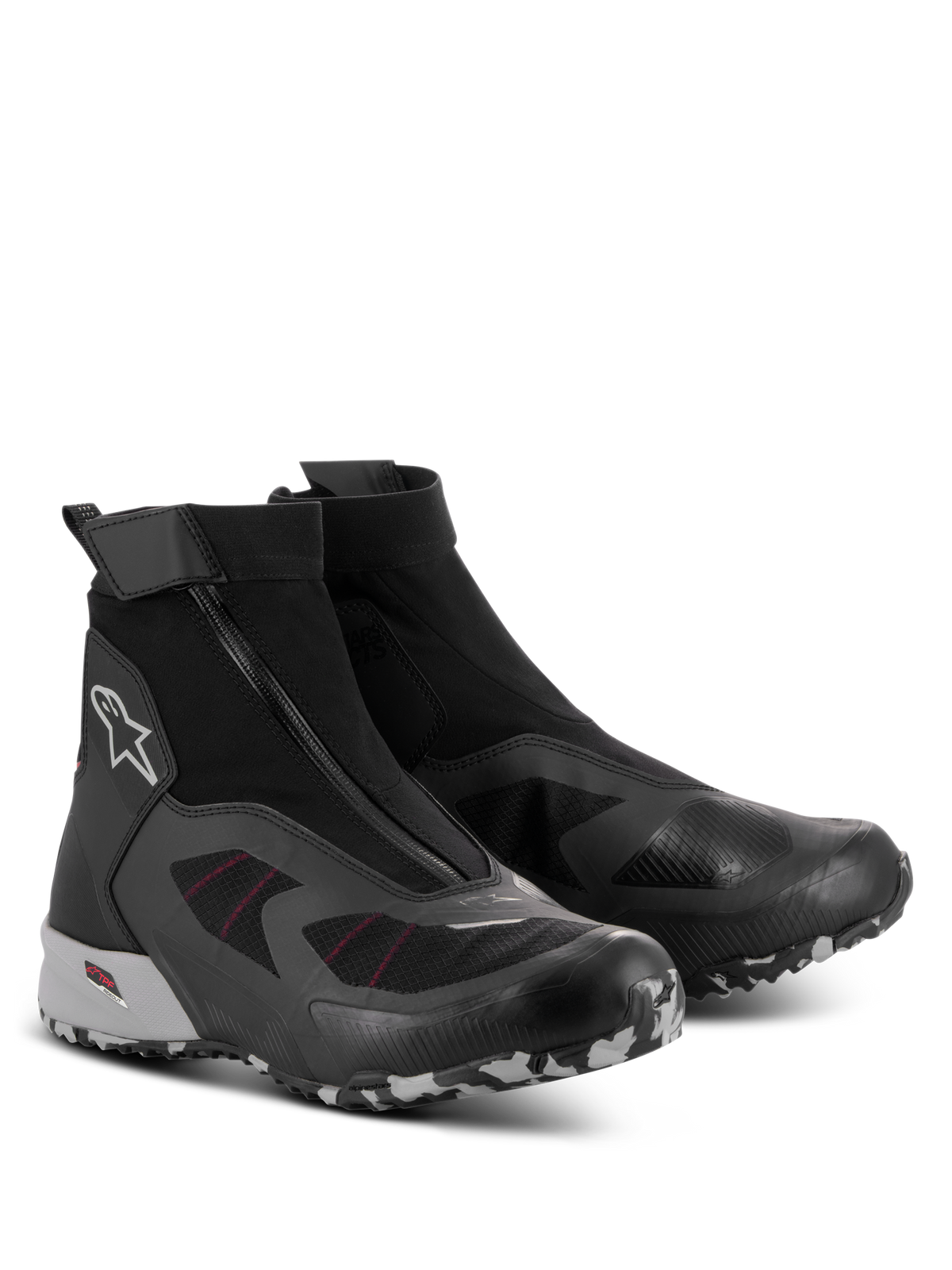 Alpinestars CR-8 GORE-TEX Shoes, sapatos de motociclismo impermeáveis, preto, cinzento médio e vermelho brilhante, com fecho de correr em ângulo, construção de botinha elástica de corte alto e sola tratorada com padrão de camuflagem