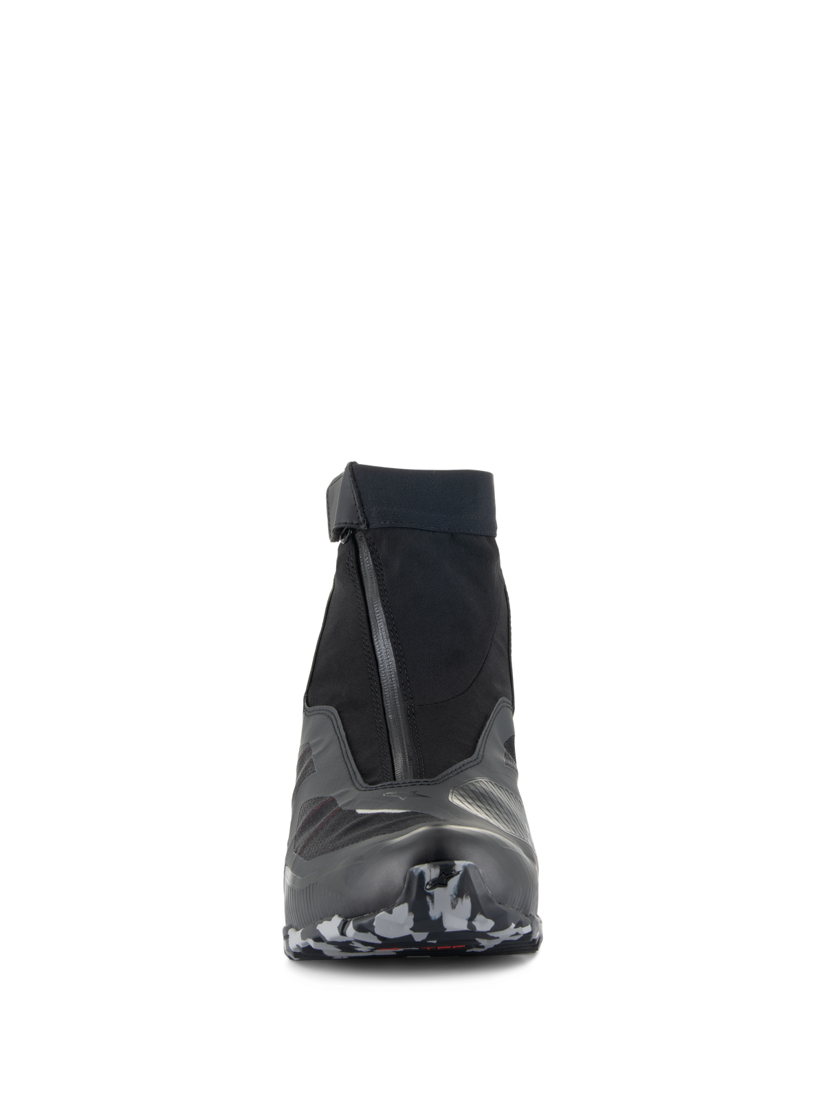 Sapatos Alpinestars CR-8 GORE-TEX, sapatos de motociclismo, pretos, cinzento médio e vermelho brilhante, vista frontal com fecho de correr impermeável em ângulo e colarinho elástico, sola com padrão de camuflagem, design de touring elegante e impermeável