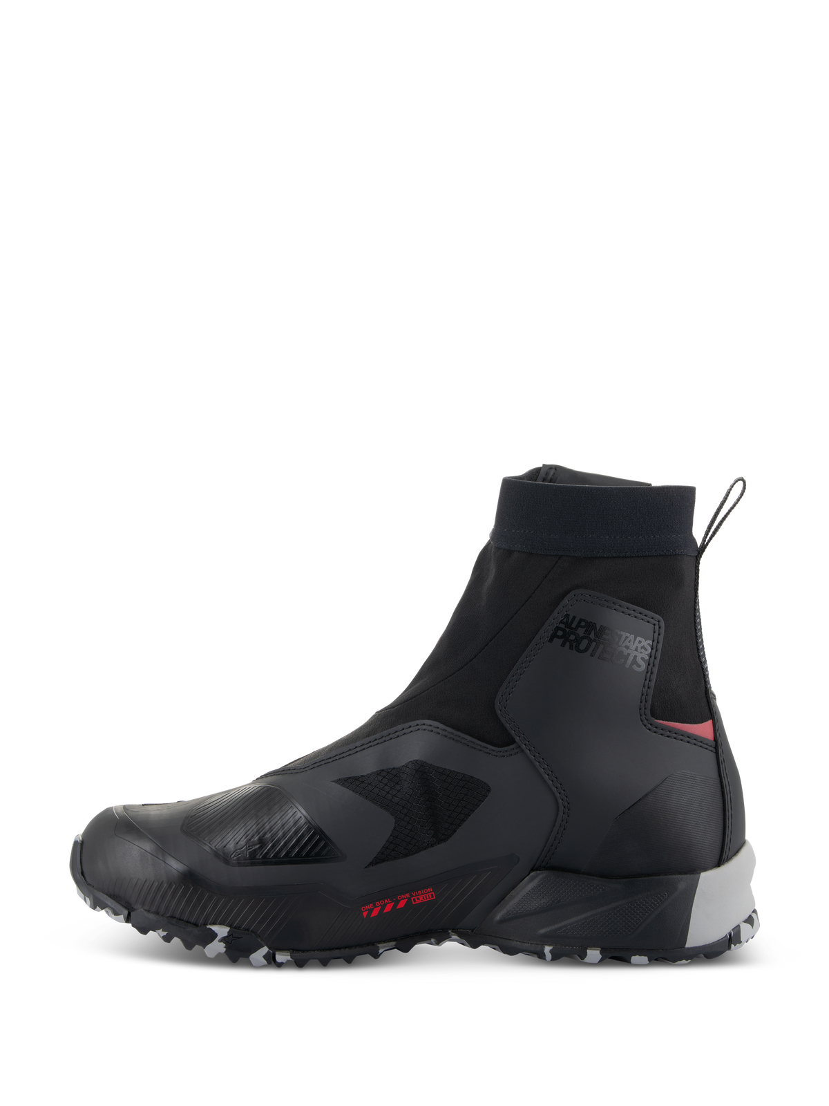 Sapatos Alpinestars CR-8 GORE-TEX, sapatos de pilotagem impermeáveis, preto, cinzento médio e vermelho vivo, vista lateral apresentando uma parte superior em têxtil preto, colarinho elástico de corte alto, marcação 'ALPINESTARS PROTECTS' no tornozelo, suporte de calcanhar em cinzento médio e detalhes em vermelho vivo.