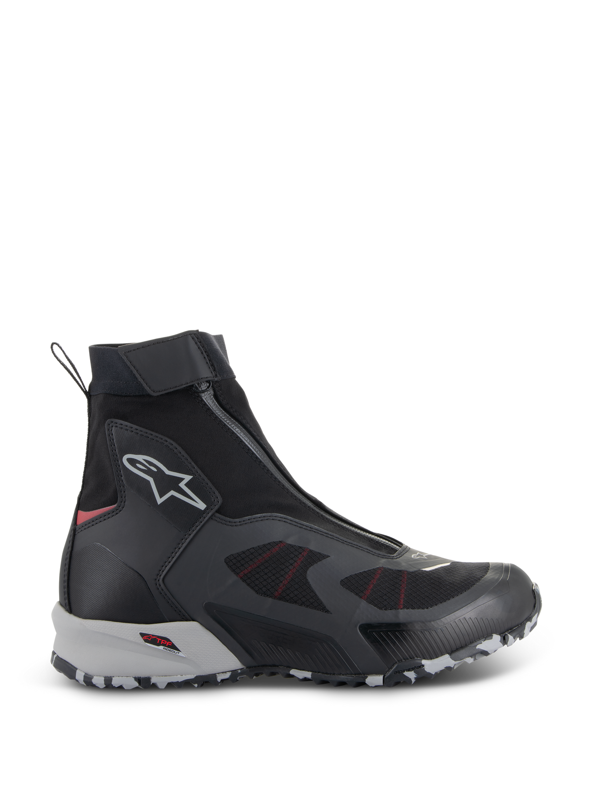 Sapatos Alpinestars CR-8 GORE-TEX, botas de motociclismo impermeáveis, pretos e cinzento médio com detalhes em vermelho vivo, design de cano alto com fecho de correr frontal angular, construção têxtil sem costuras e sola robusta marmoreada em cinzento e branco