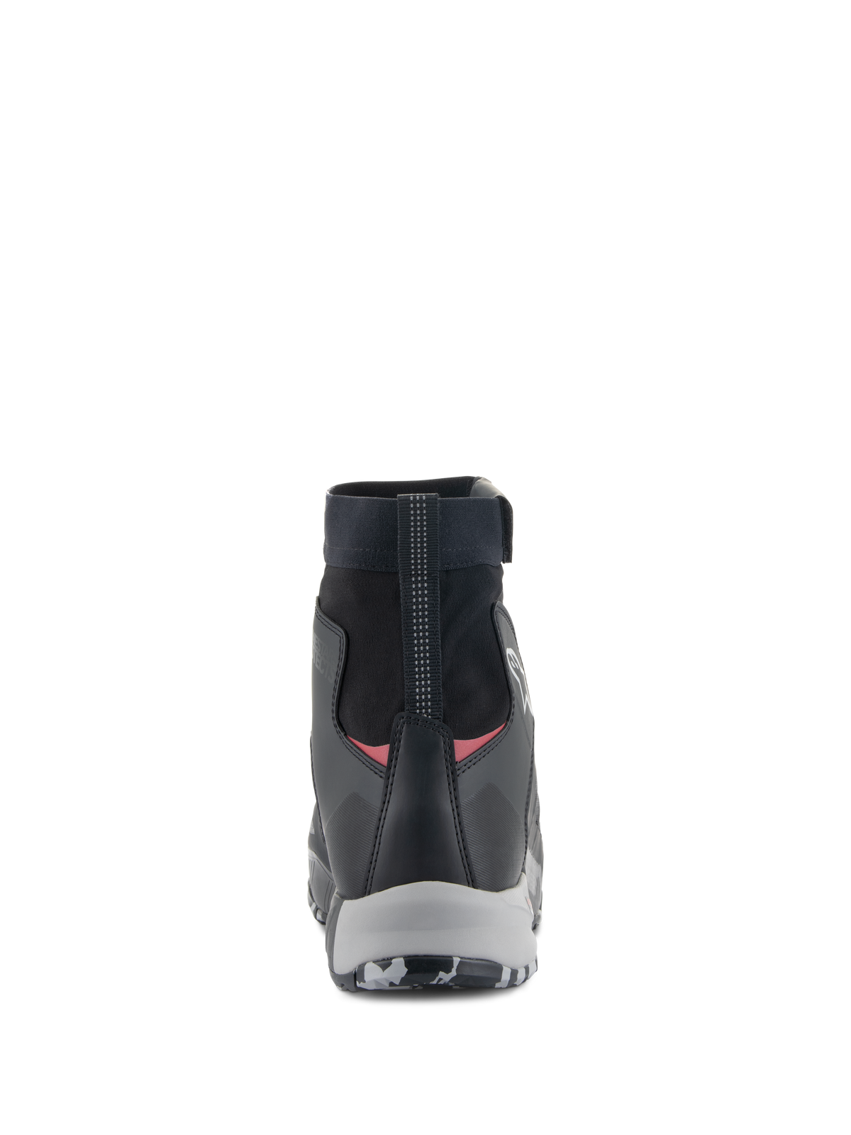 Sapatos Alpinestars CR-8 GORE-TEX, sapatos de pilotagem impermeáveis, preto, cinzento médio e vermelho brilhante, vista traseira destacando o colarinho elástico de corte alto, contraforte de calcanhar reforçado e entressola cinzenta.