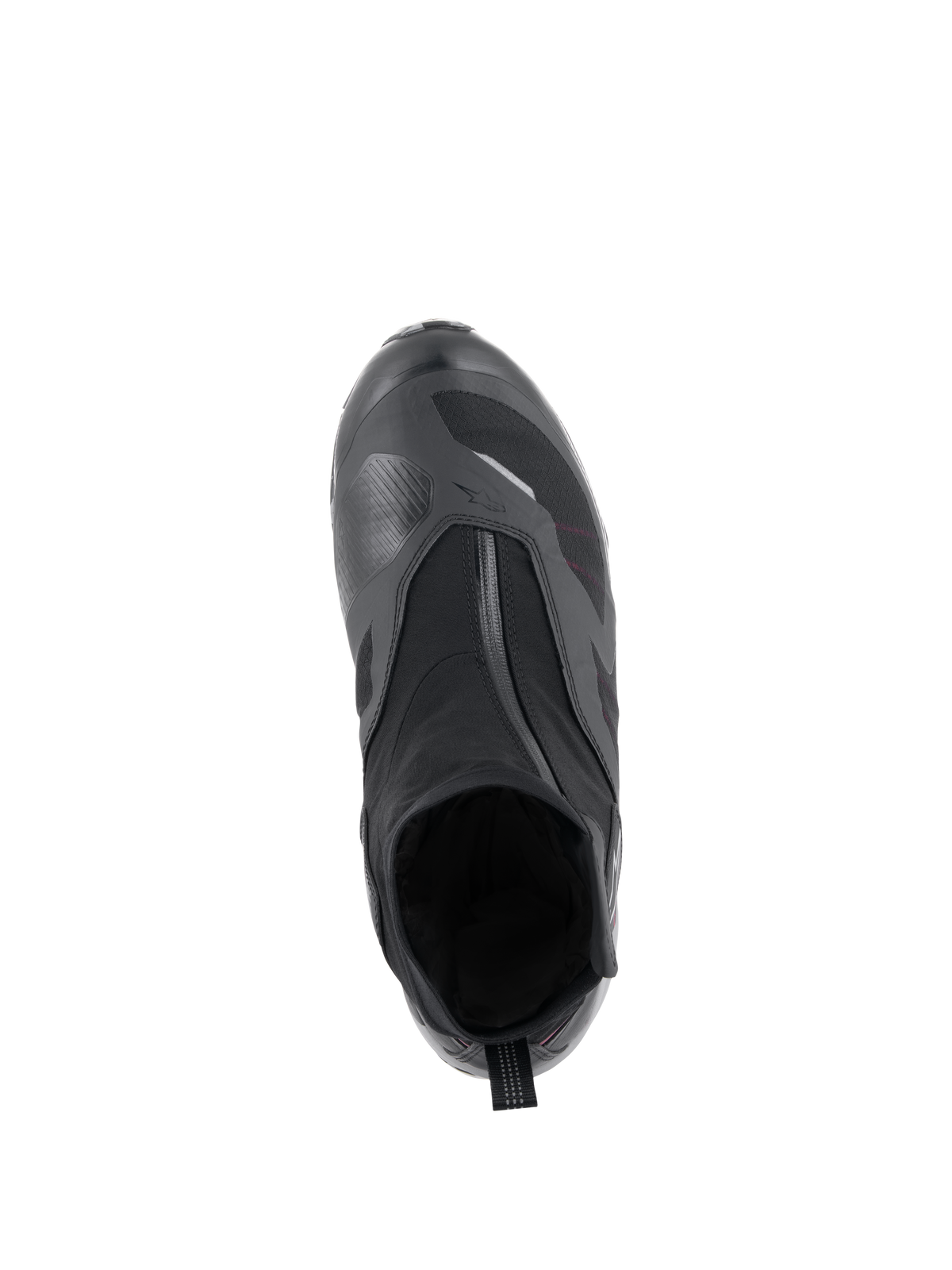 Sapato Alpinestars CR-8 GORE-TEX em Preto, Cinzento Médio e Vermelho Brilhante, vista superior com fecho de correr impermeável inclinado, construção interna de botinha e reforço texturizado para o seletor de mudanças, para turismo de motociclismo em todas as condições climatéricas.