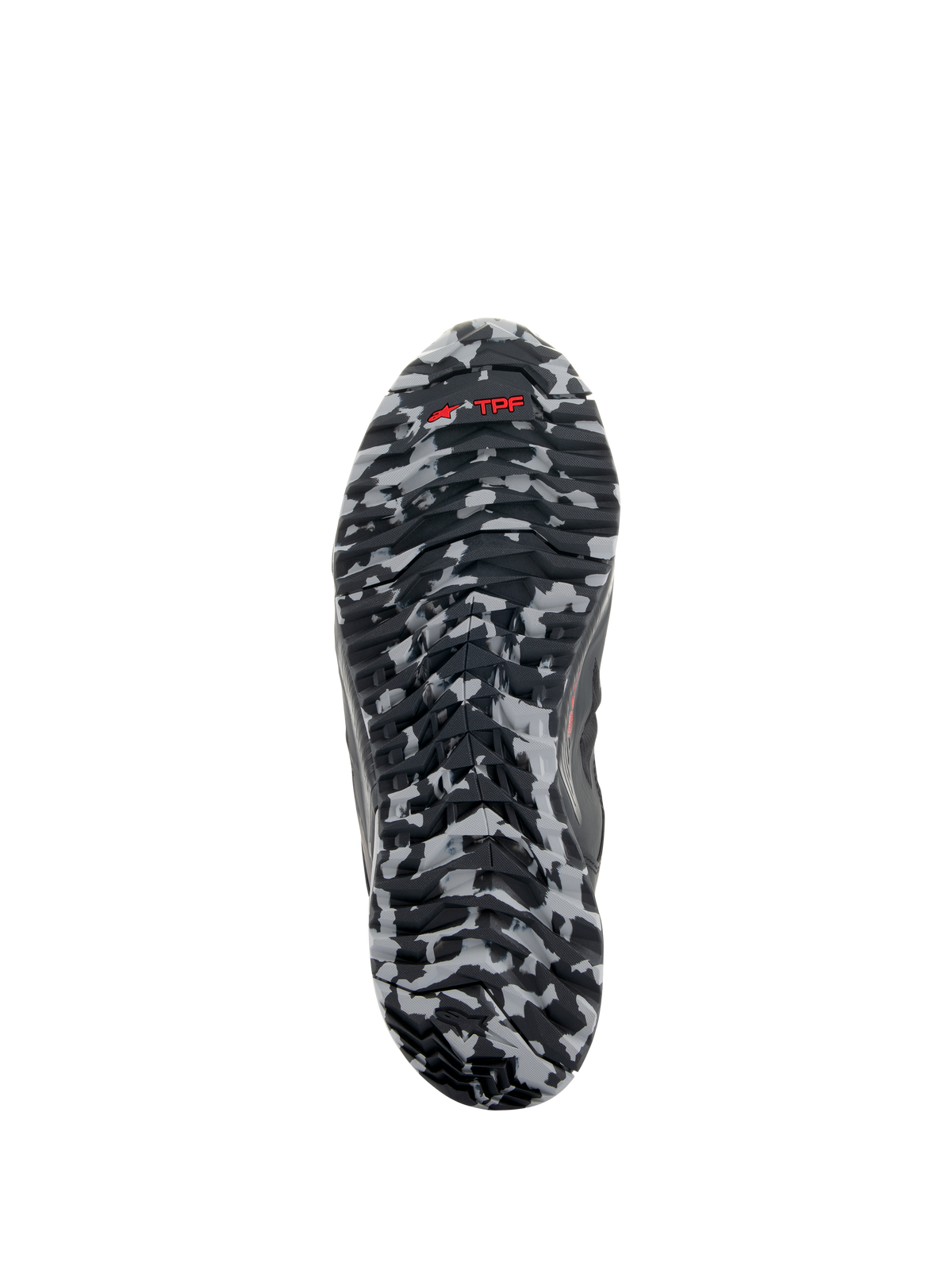 Sapatos Alpinestars CR-8 GORE-TEX, vista da sola, padrão de camuflagem preto e cinzento médio, logótipo TPF vermelho na sola de borracha texturizada, detalhe de calçado de touring impermeável