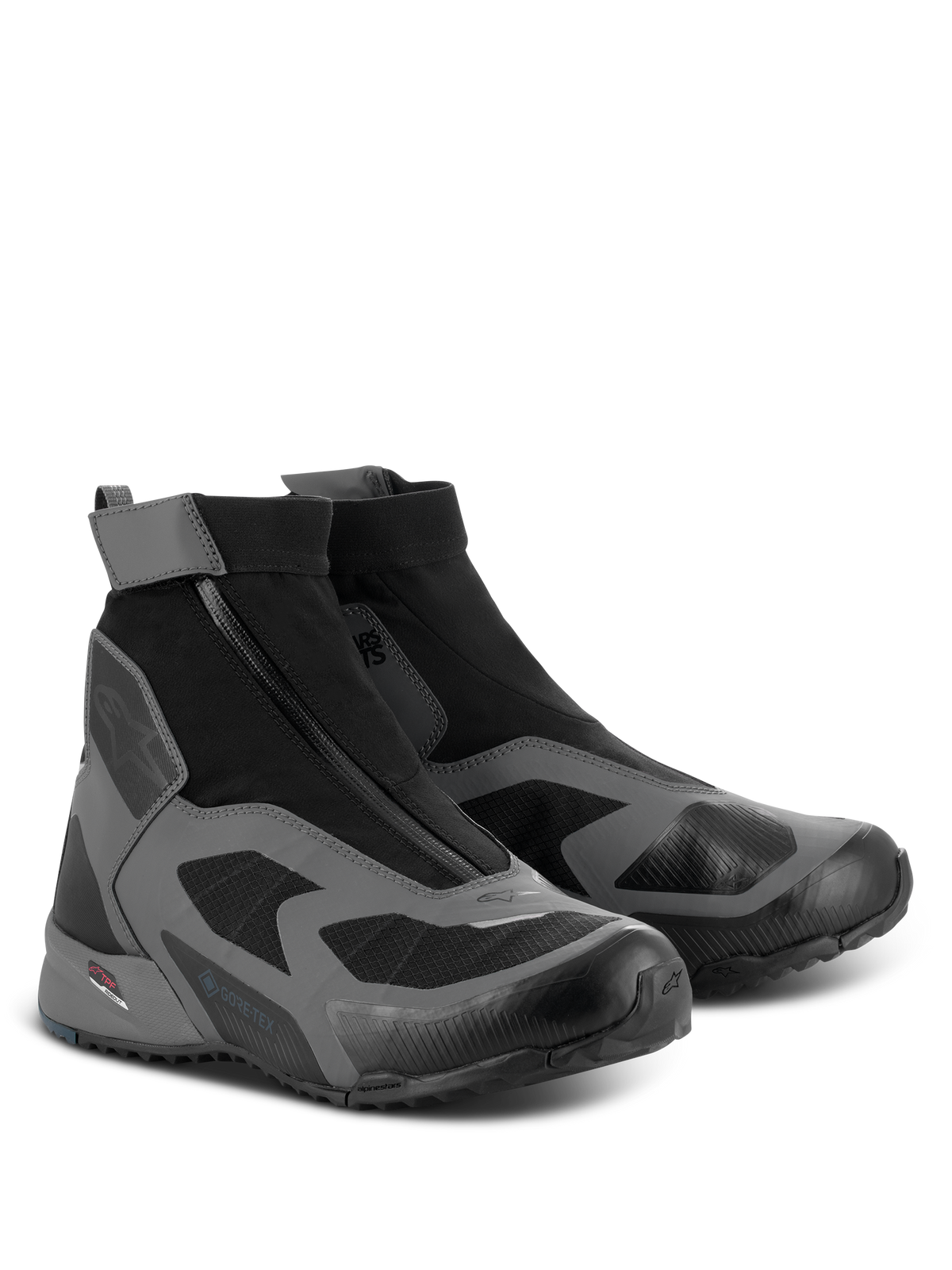 Sapatos Alpinestars CR-8 GORE-TEX, sapatos de motociclismo, pretos, cinzentos escuros e azul petróleo, com design impermeável de cano alto, fecho de correr em ângulo e logótipo GORE-TEX