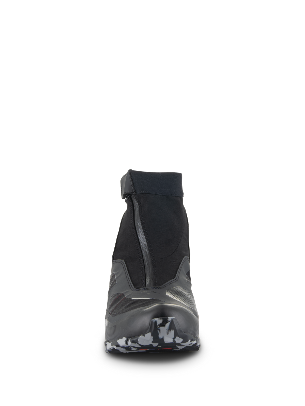 Sapatos Alpinestars CR-8 GORE-TEX, vista frontal, preto e cinzento escuro, sapato de motociclismo de cano alto com fecho de correr impermeável em ângulo, colarinho elástico e ponta da sola texturizada, calçado técnico de aventura e touring.