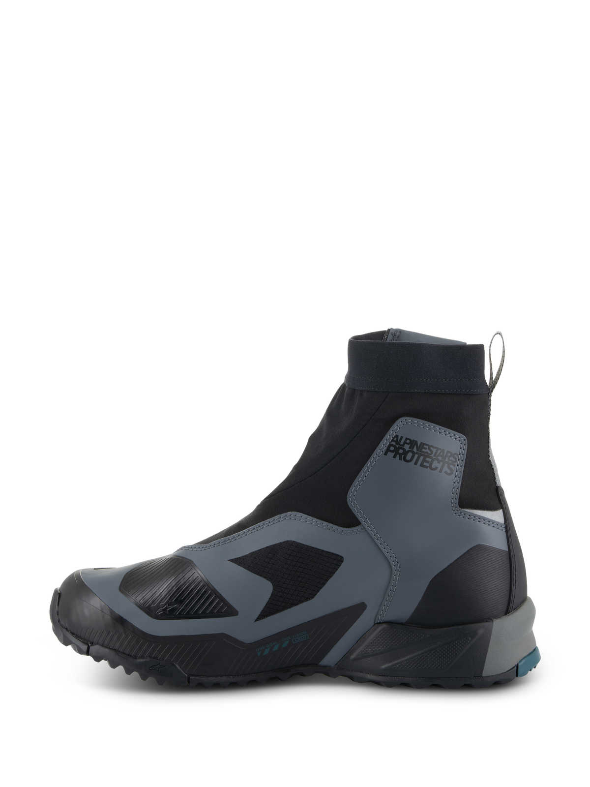 Sapatos Alpinestars CR-8 GORE-TEX, sapatos de motociclismo, pretos e cinzento escuro, perfil lateral com botinha elástica de corte alto, sobreposições protetoras, marca 'ALPINESTARS PROTECTS' no tornozelo e sola de borracha durável, impermeáveis e respiráveis para touring de aventura