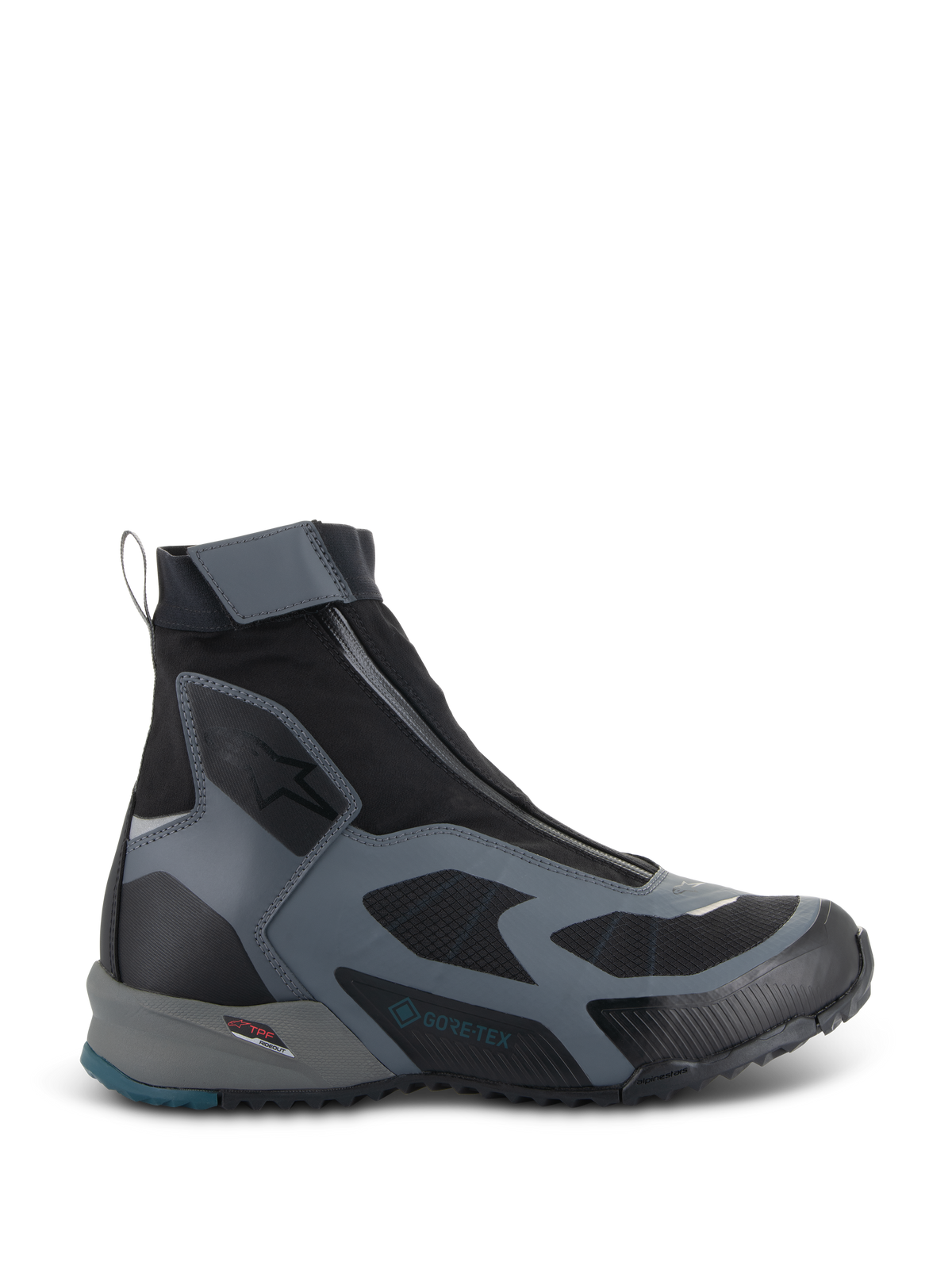 Sapatos Alpinestars CR-8 GORE-TEX, botas de motociclismo pretas e cinzento escuro, design de cano alto impermeável com fecho de correr inclinado, painéis têxteis respiráveis, estrutura de proteção TPF, sola robusta com detalhe azul petróleo no calcanhar