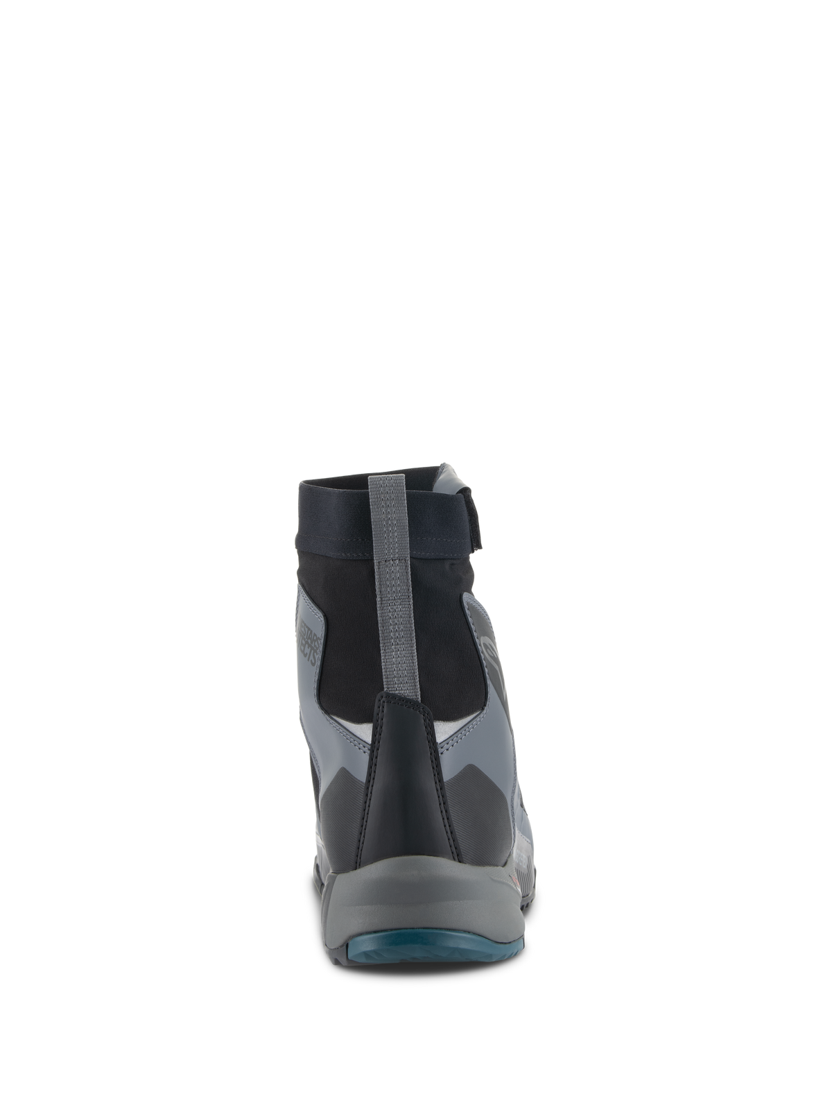 Sapatos Alpinestars CR-8 GORE-TEX, sapatos de motociclismo, preto, cinzento escuro e azul petróleo, vista traseira com botinha impermeável de corte alto, puxador de calcanhar cinzento e painéis de proteção em camadas