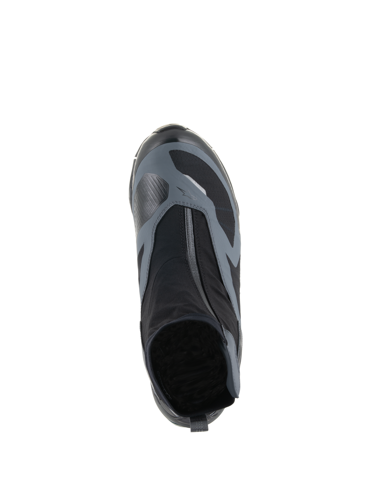 Sapatos Alpinestars CR-8 GORE-TEX, preto e cinzento escuro, vista superior mostrando o fecho de correr impermeável em ângulo e a parte superior em tecido técnico, concebidos para adventure touring