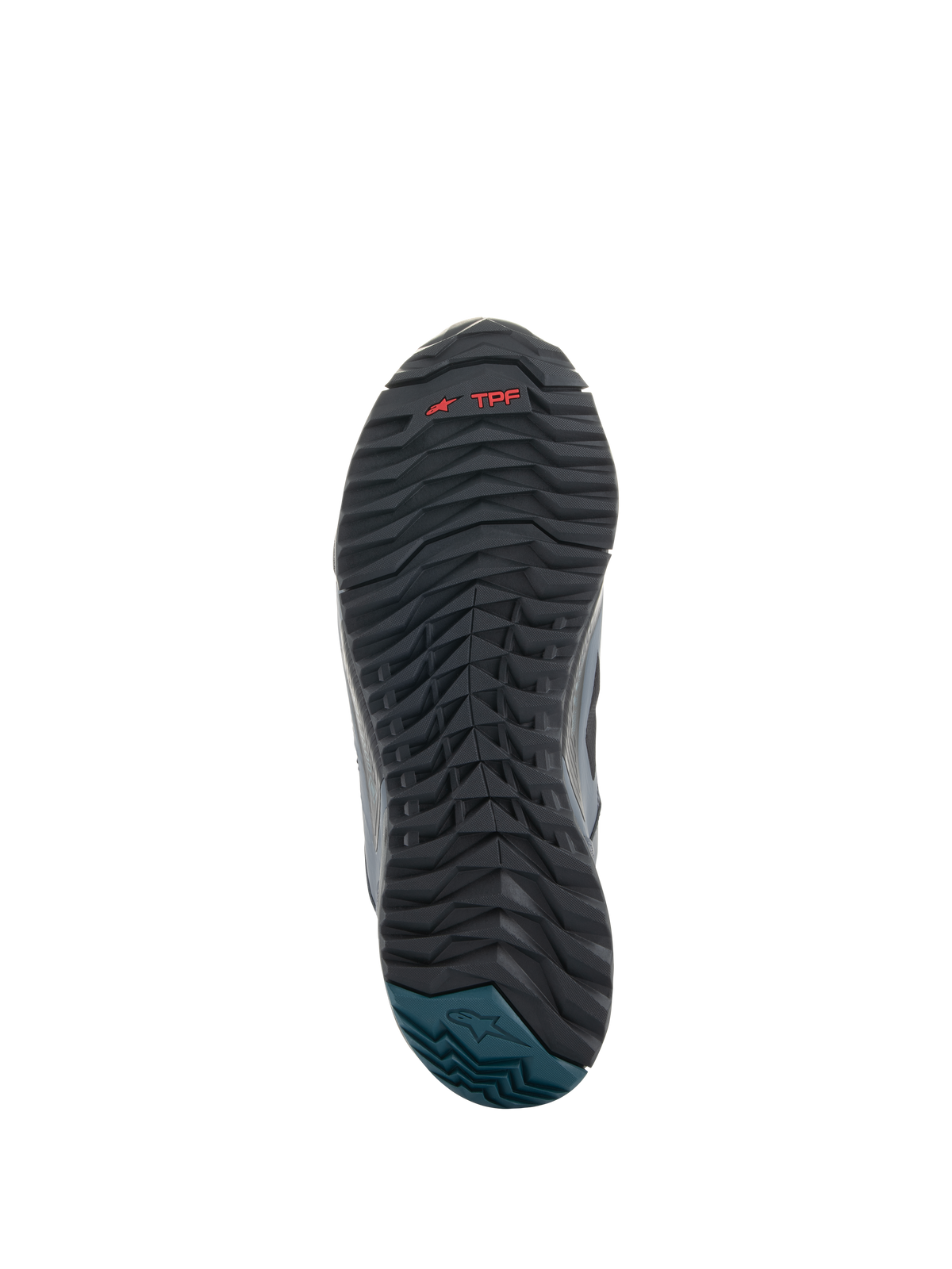 Sapatos Alpinestars CR-8 GORE-TEX, vista da sola, sola exterior de borracha preta e cinzento escuro com rasto ondulado texturizado, logótipo TPF vermelho, calcanhar em Azul Petrol com logótipo Alpinestars, design durável para condução de motociclos