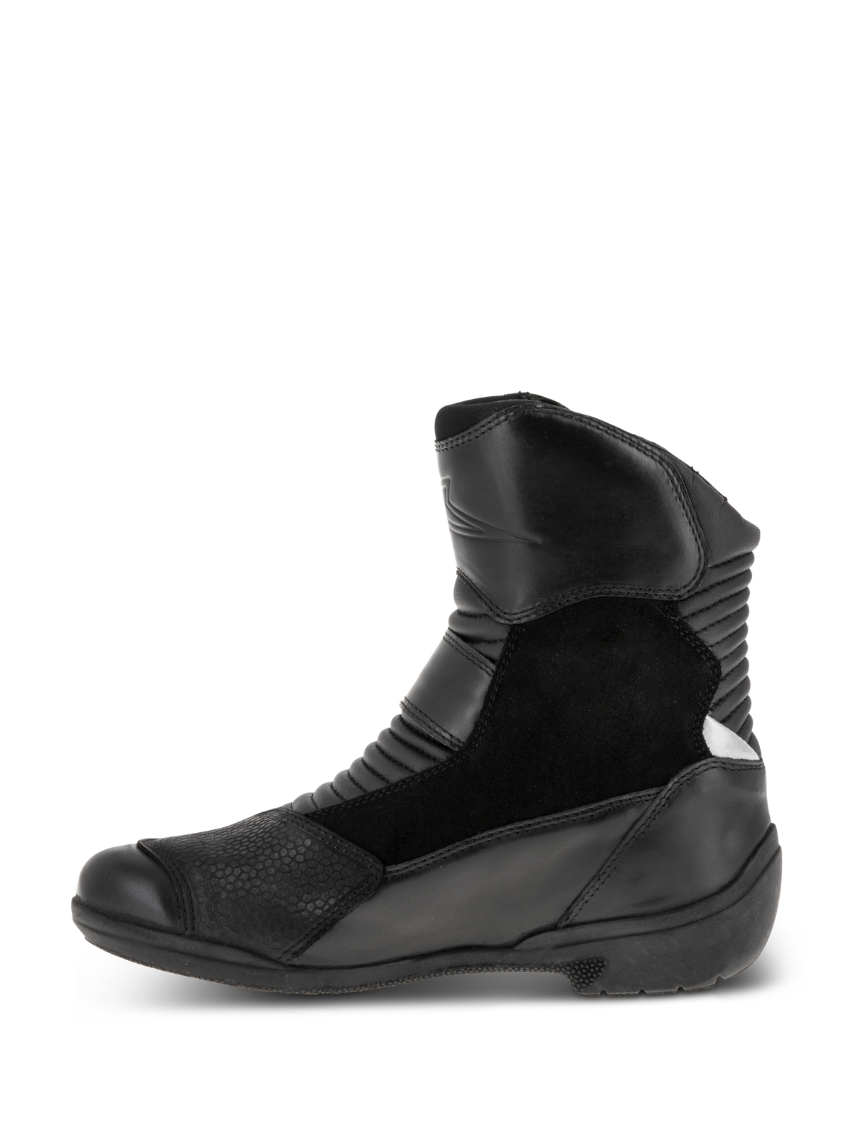 Alpinestars Women Stella Valencia Waterproof Boots, Black, side view, multi-panel design with leather and suede, front and rear accordion flex zones, low-cut motorcycle touring boot