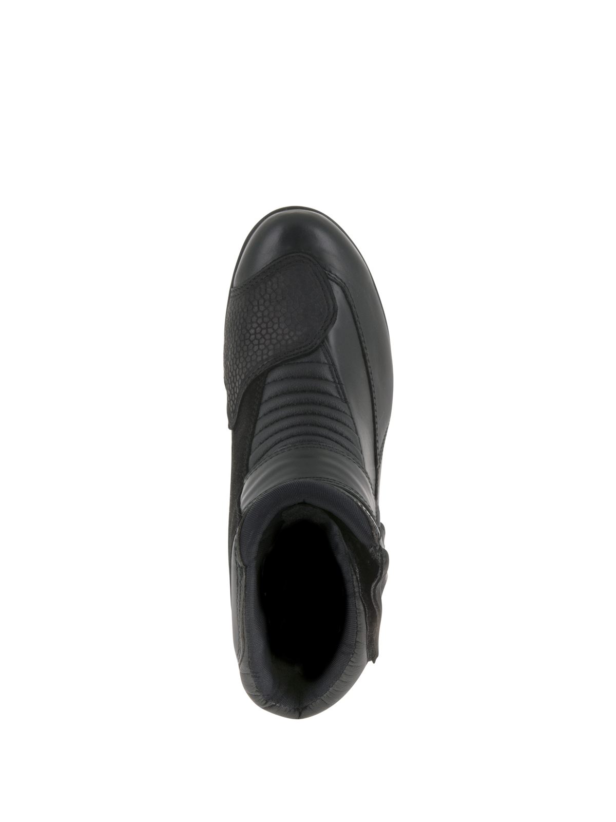 Alpinestars Women Stella Valencia Waterproof Boots, Motorcycle Boots, Black, top-down view highlighting accordion flex zones and textured shift pad, low-cut leather and suede design for touring