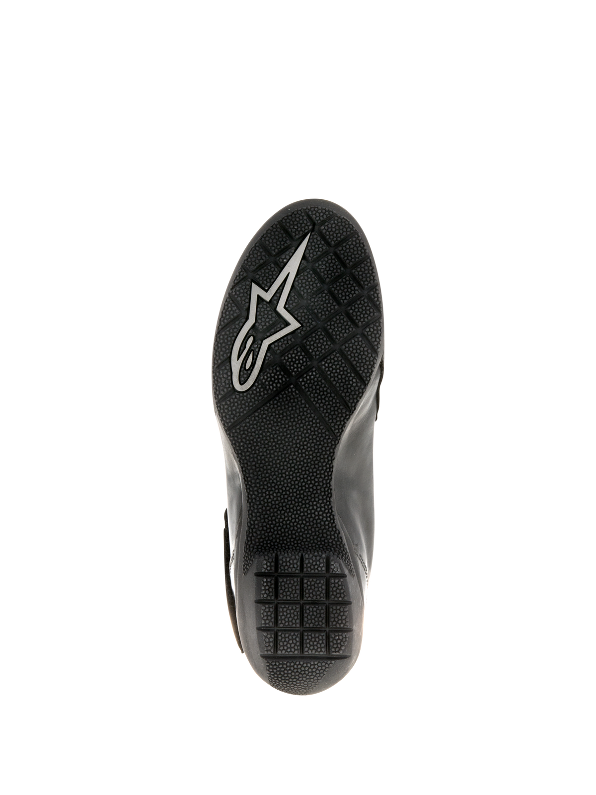 Alpinestars Women Stella Valencia Waterproof Boots, black, sole view showing textured rubber with anti-slip grip pattern and white Astars logo, designed for motorcycle touring stability.