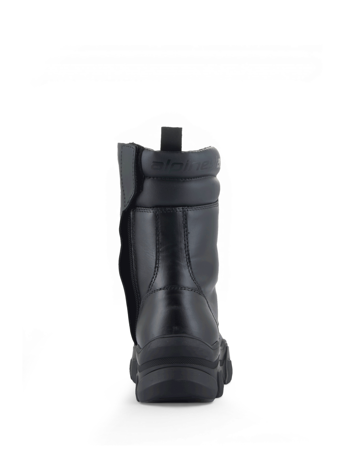 Alpinestars Ava, botas de moto urbanas para mulher, pretas, em couro, com sola elevada e fecho lateral, vista traseira.