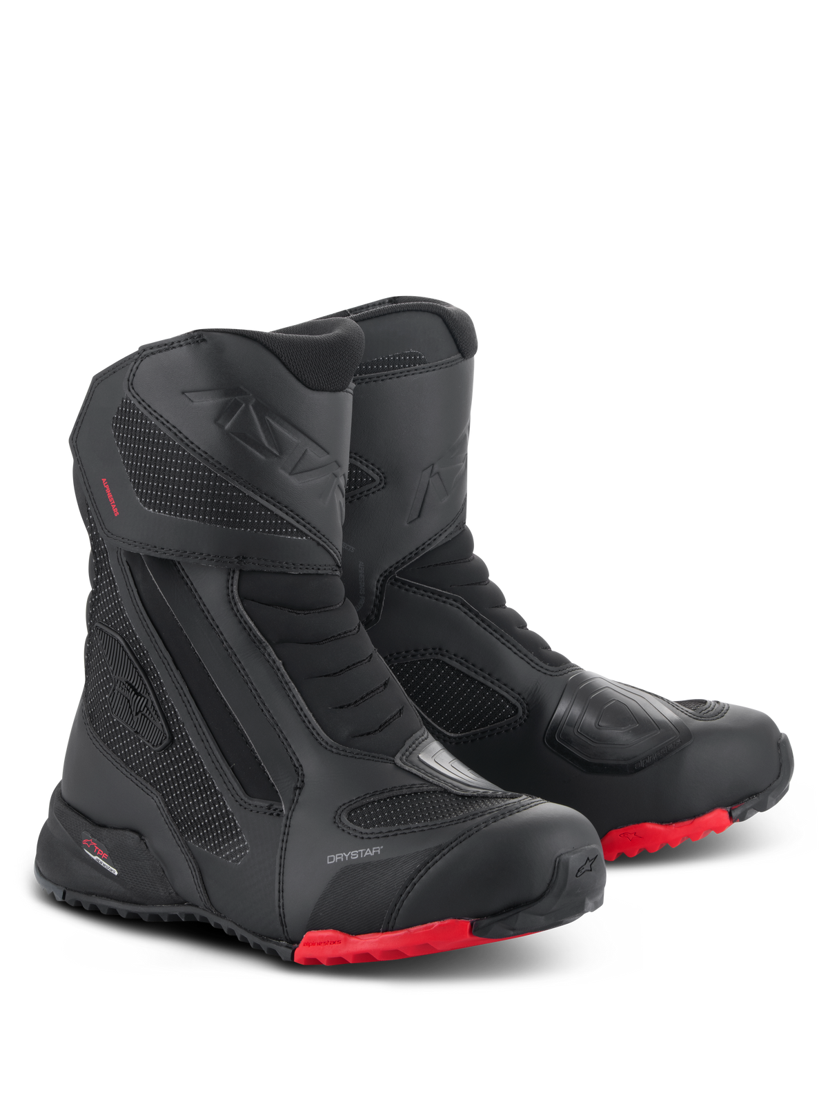 Botas Alpinestars RT-7 Drystar, botas de motociclismo para turismo, pretas e vermelhas, com membrana Drystar impermeável, construção durável em têxtil e microfibra, solas com ranhuras vermelhas e áreas de proteção reforçadas para aventuras em todo o terreno
