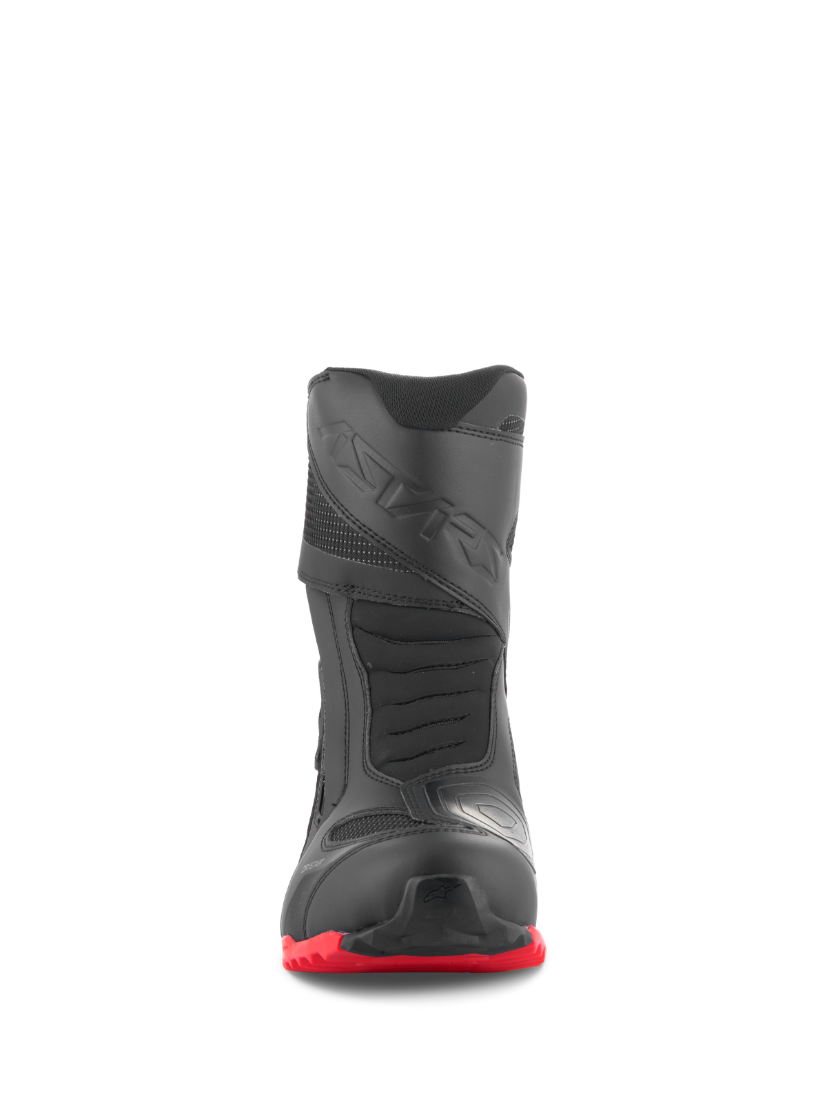 Botas Alpinestars RT-7 Drystar®, botas de motociclismo de turismo, pretas e vermelhas, vista frontal, com biqueira reforçada, almofada de mudança em impressão 3D e sola com ranhuras em vermelho vibrante, design de calçado de aventura impermeável.