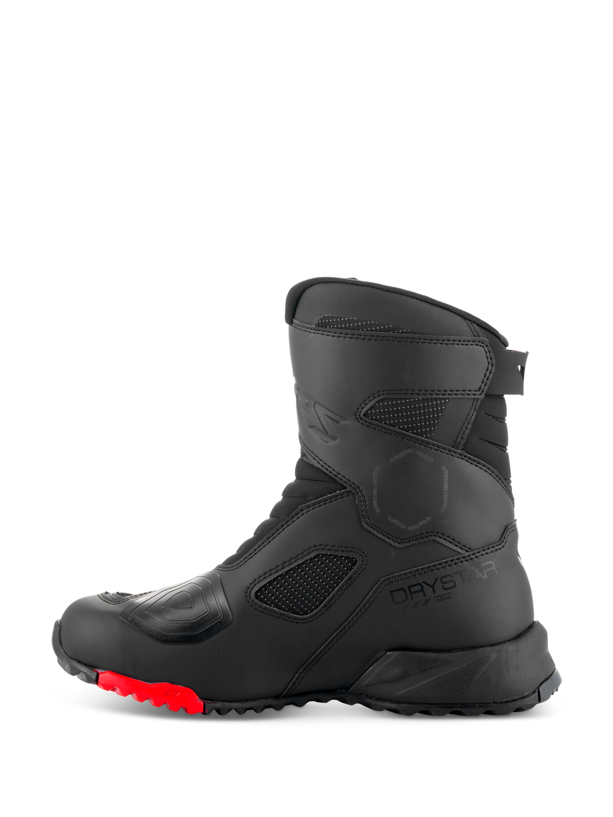 Botas Alpinestars RT-7 Drystar®, botas de turismo para motociclismo, pretas e vermelhas, vista de perfil lateral com logótipo Drystar, almofada de mudança reforçada e sola durável com relevos e pormenores vermelhos para condução de aventura