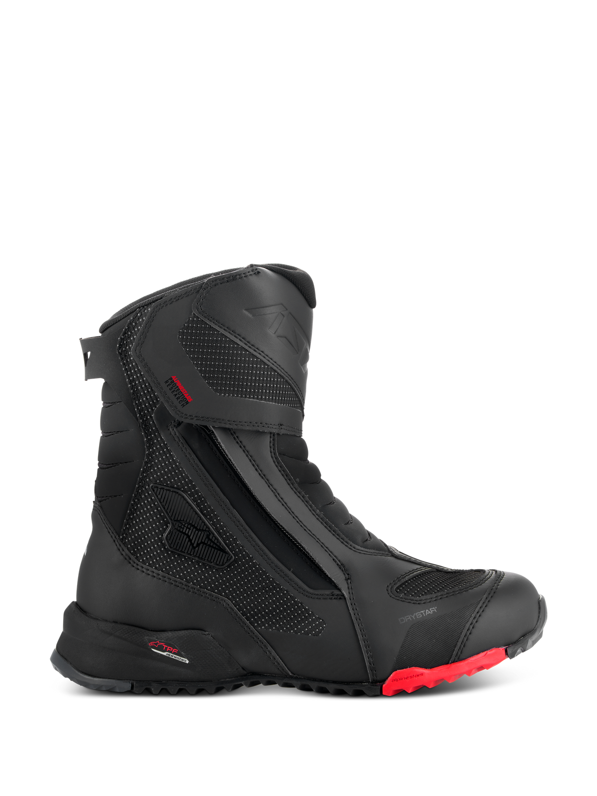 Botas Alpinestars RT-7 Drystar, botas de mototurismo, pretas com detalhe vermelho na sola, impermeáveis e respiráveis, perfil lateral com fecho de correr lateral e velcro, painéis têxteis texturizados com pontos refletores, sola robusta com relevos, construção sintética avançada