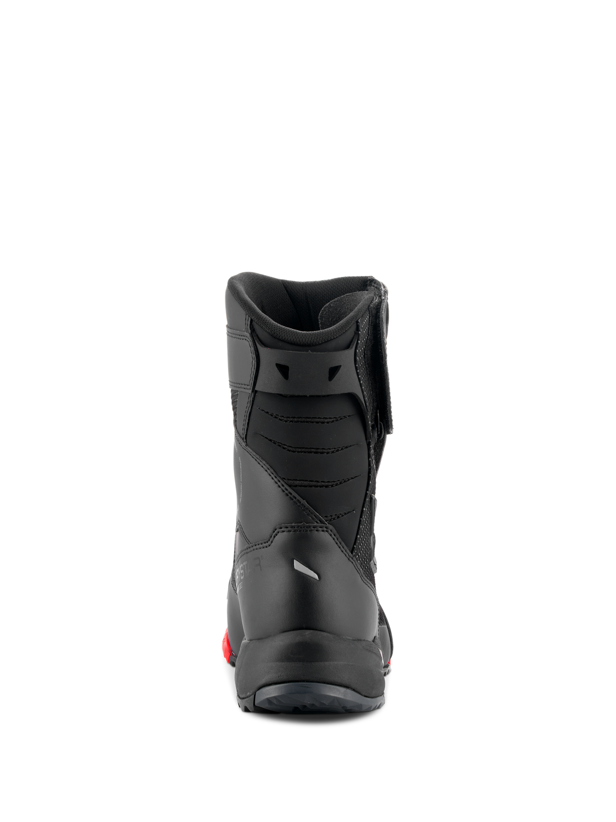 Alpinestars RT-7 Drystar® Boots, botas de motociclismo touring, pretas e vermelhas, vista traseira mostrando foles de Aquiles acolchoados e construção elegante, calçado de proteção impermeável para estrada e aventura
