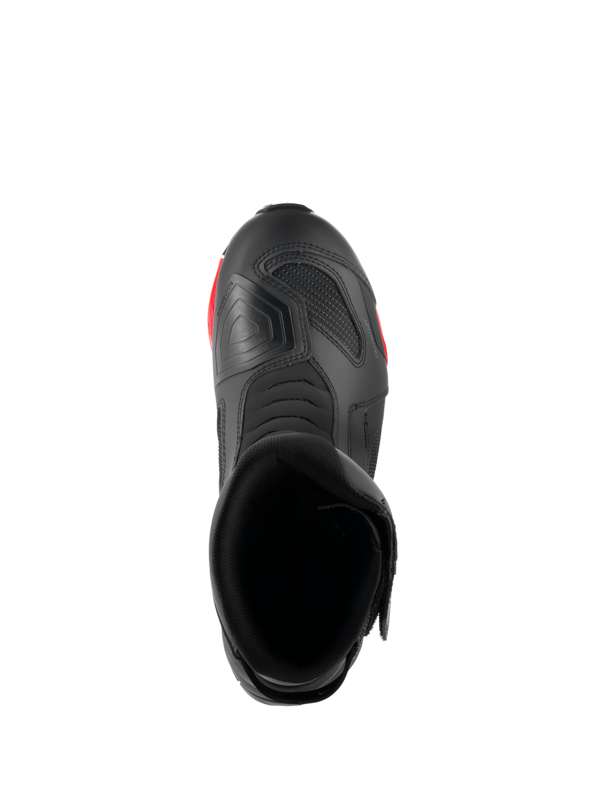 Botas Alpinestars RT-7 Drystar®, botas de turismo para motociclismo, pretas e vermelhas, vista superior mostrando a abertura da bota, o interior e a almofada de mudança texturizada na biqueira
