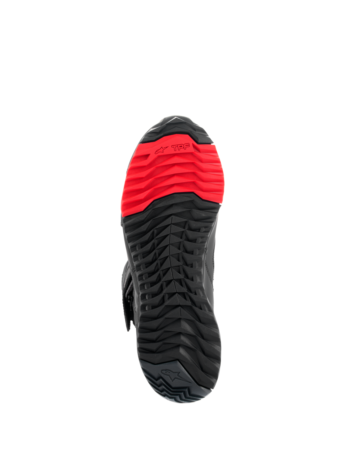 Botas Alpinestars RT-7 Drystar®, vista da sola, padrão de ranhuras robusto em preto e vermelho, com o logótipo TPF Transversal Protection Frame na parte frontal, concebida para conforto ao pilotar e a caminhar