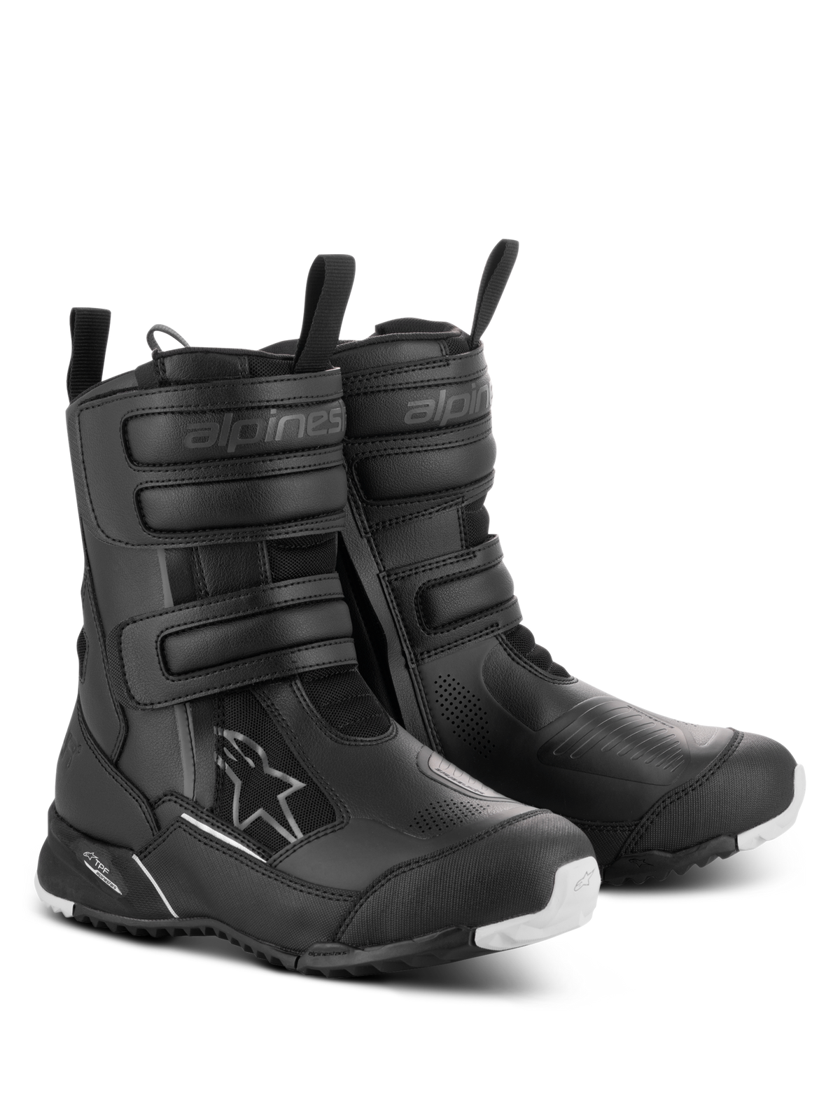 Alpinestars Women Stella RT-7 Touring Drystar® Boots, Black, waterproof motorcycle touring boots featuring triple Velcro straps, double-zip entry, and a rugged outsole with white accents.