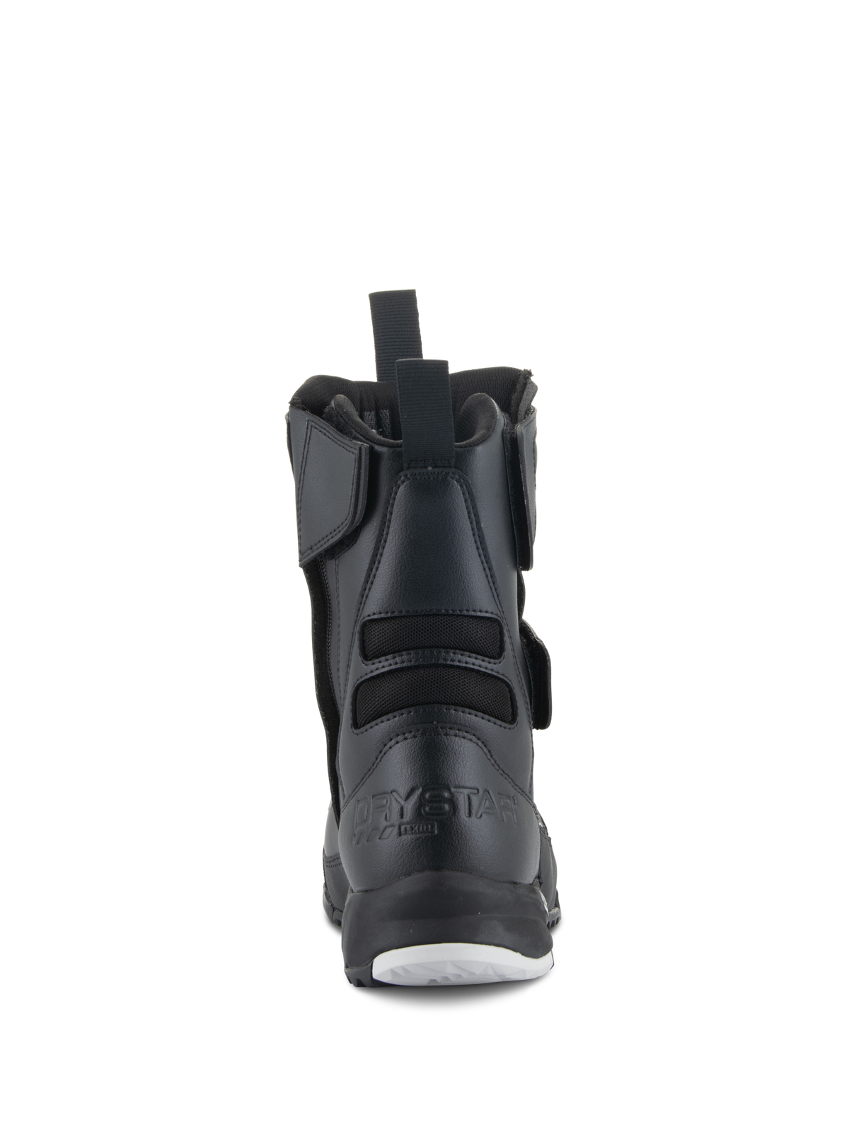 Alpinestars Women Stella RT-7 Touring Drystar® Boots, Women's Motorcycle Boots, Black, rear view featuring embossed Drystar branding on the heel, rear pull tab, and flexible textile bellows for enhanced movement.