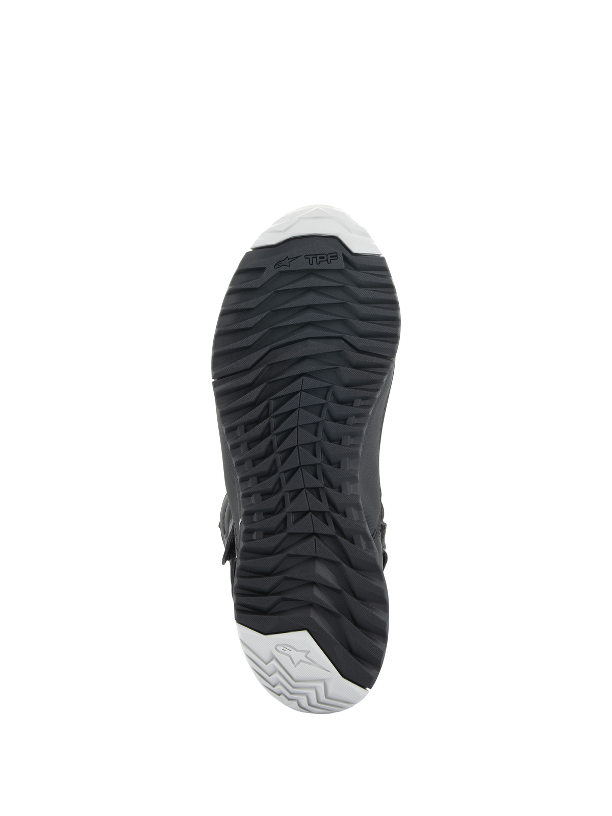 Alpinestars Women Stella RT-7 Touring Drystar® Boots, Black, bottom view showing the durable rubber outsole with a rugged lug pattern for grip, TPF (Transversal Protection Frame) branding, and light grey accents at the toe and heel.
