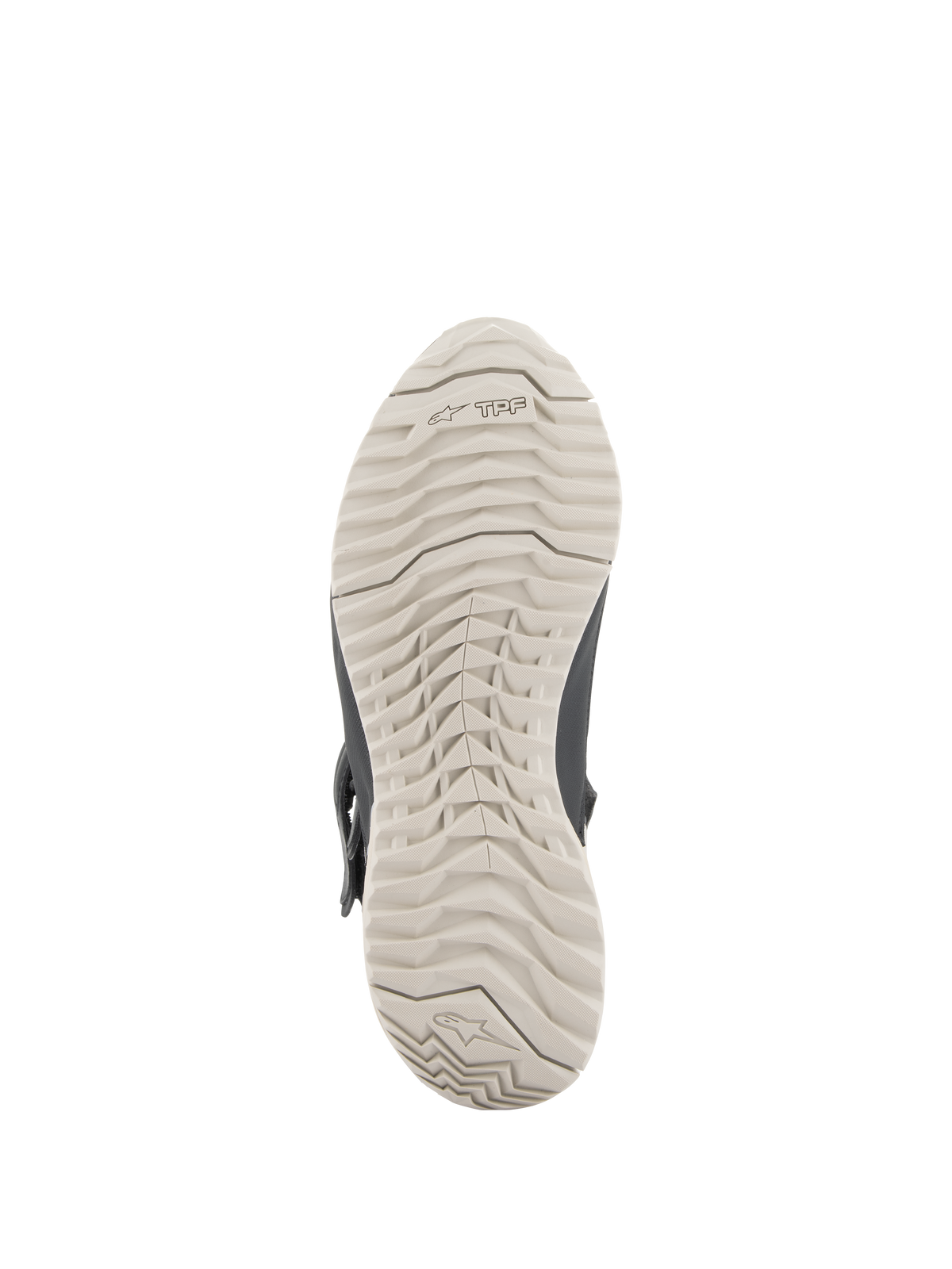 Alpinestars Women's Stella RT-7 Touring Drystar® Boots, Outsole view, light gray rubber sole with a durable lug pattern and TPF logo, engineered for traction and transversal protection frame support