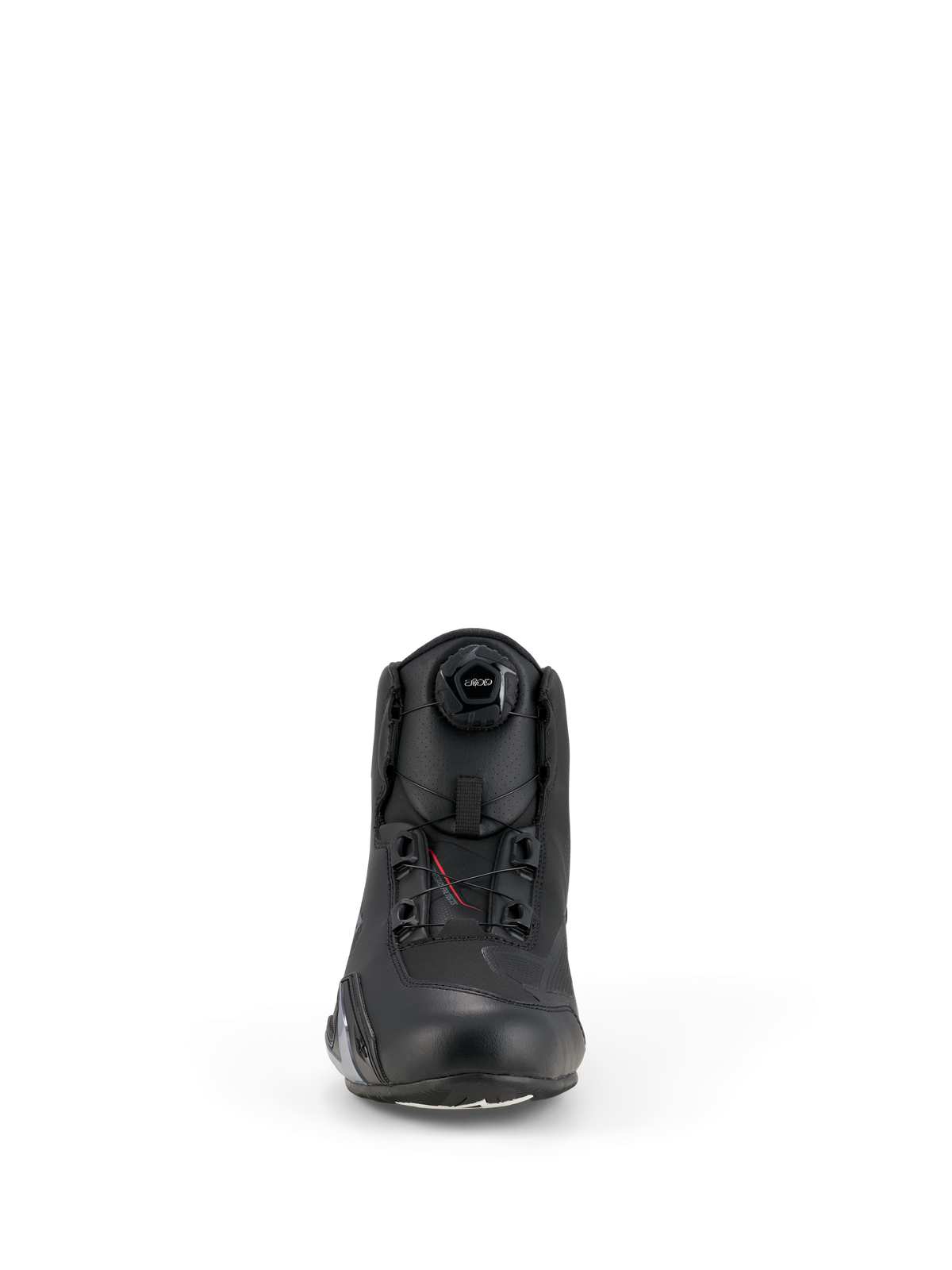 Sapatos Alpinestars Celer, sapatos de condução de motociclismo, pretos, vista frontal com o botão do Sistema de Fecho Rotor integrado, construção em microfibra técnica com perfil aerodinâmico e zona dos dedos reforçada.