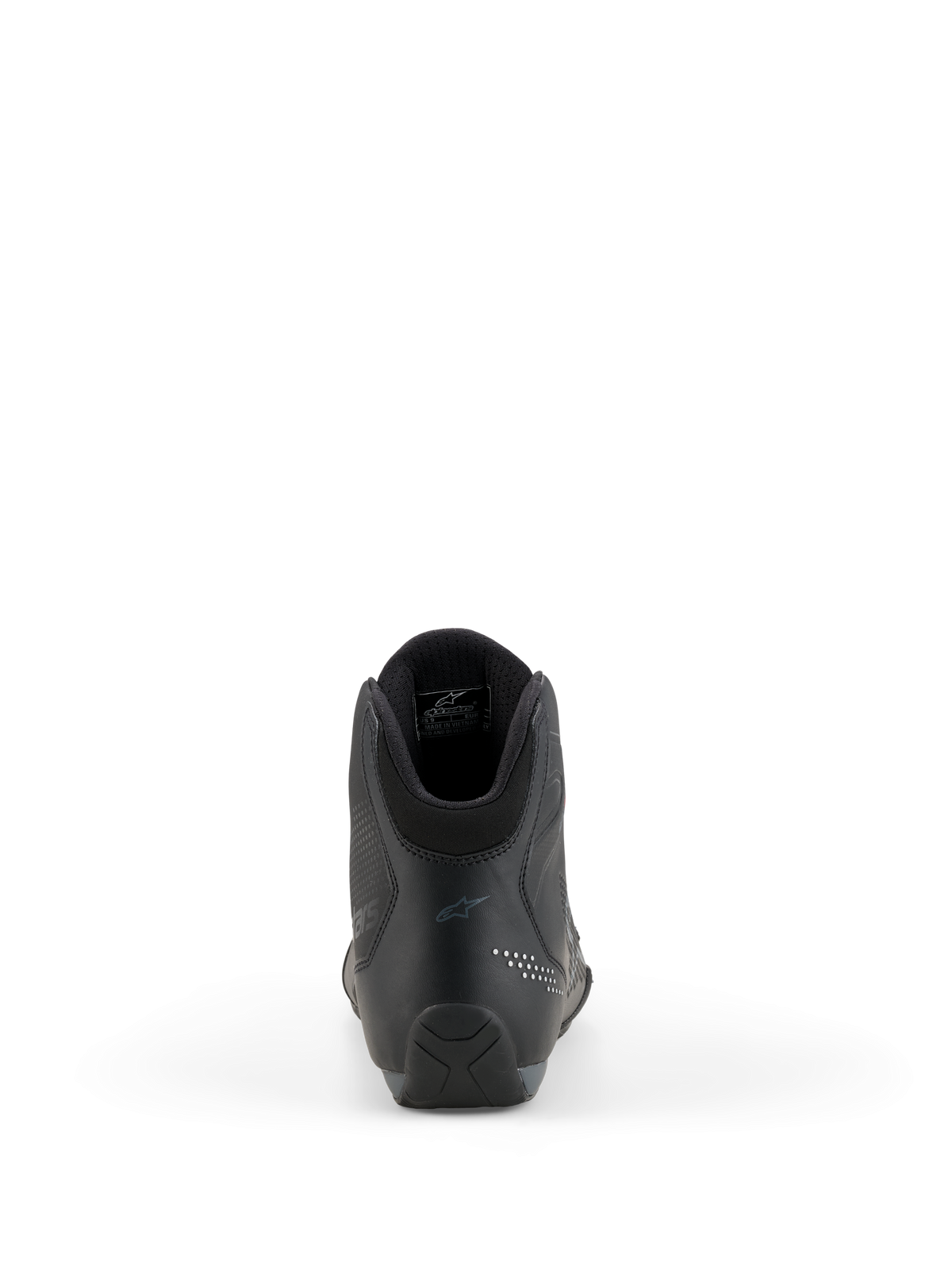 Alpinestars Celer Shoes, sapatos de motociclismo, pretos e cinzento escuro, vista traseira destacando o calcanhar reforçado, o colarinho do tornozelo e o logótipo subtil, construção em microfibra técnica para pilotos de desporto e corrida