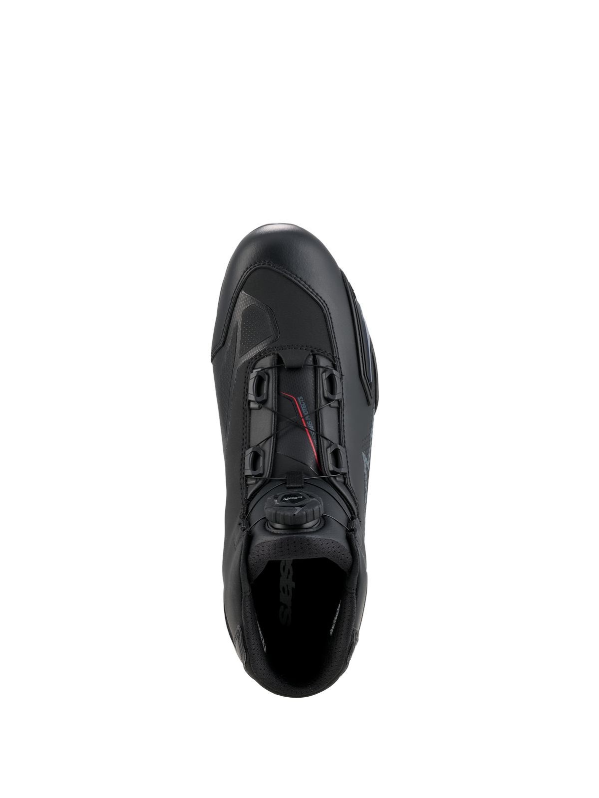 Alpinestars Celer Shoes, sapatos de motociclismo, pretos e cinzento escuro, vista superior mostrando o botão e os cabos do Sistema de Fecho Rotor, construção em microfibra técnica com perfil de corrida aerodinâmico, calçado desportivo de proteção