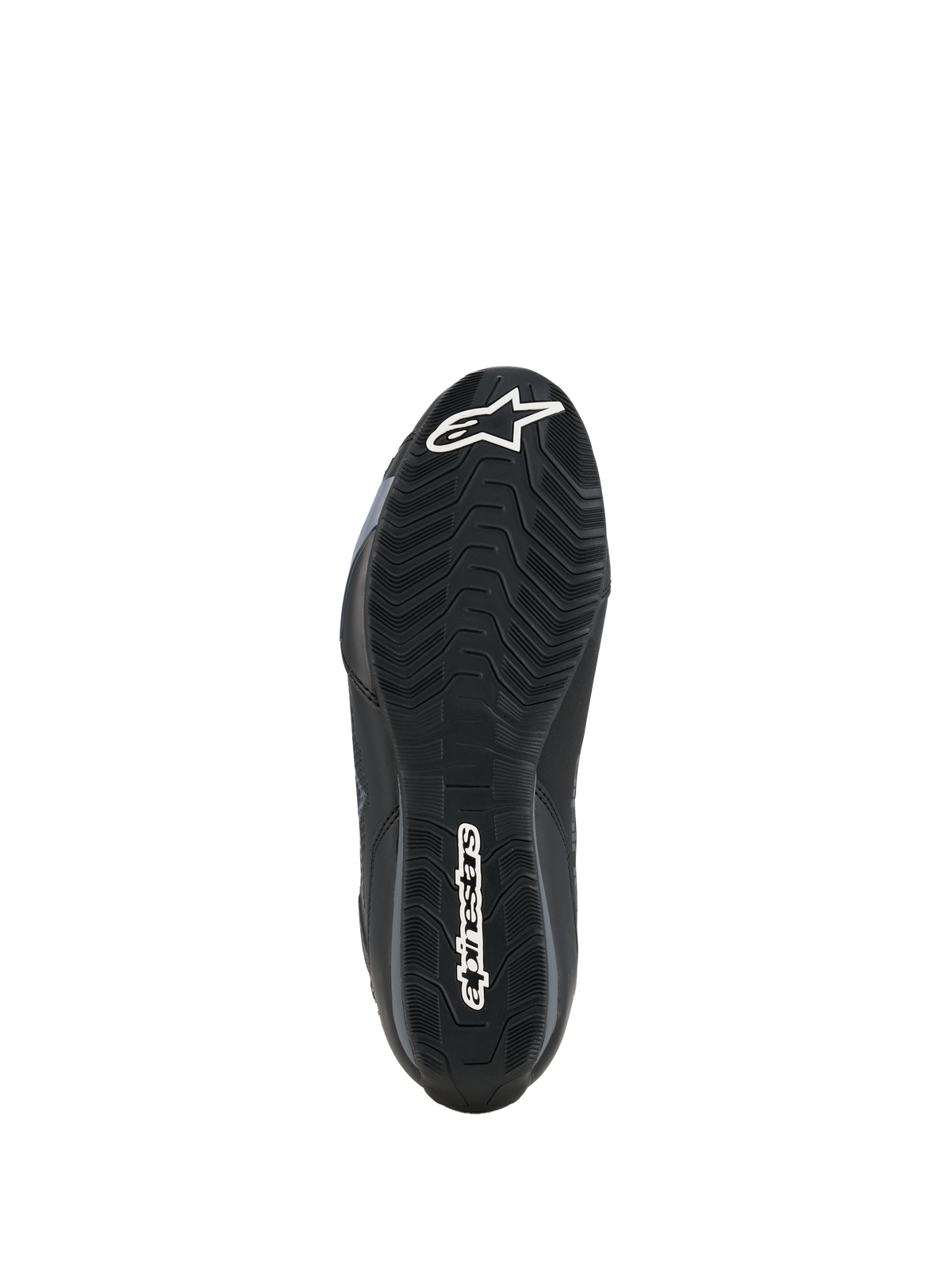 Sapatos Alpinestars Celer, vista da sola, composto de borracha preta resistente ao óleo com padrão de aderência ondulado texturizado, com a marca Alpinestars a branco na biqueira e no calcanhar, concebidos para tração nos apoios de pés da mota